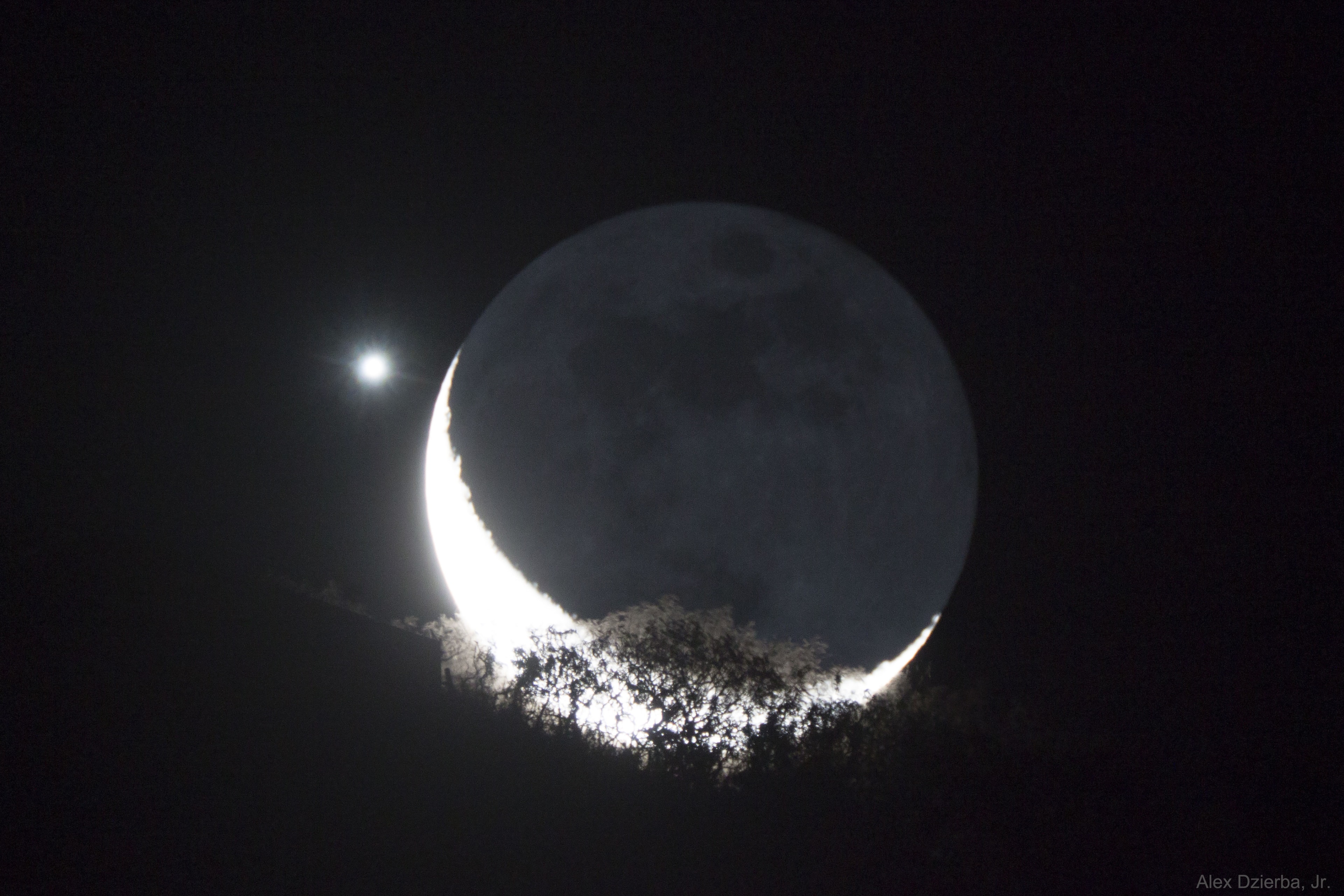 What's that bright spot near the Moon? Venus. About a week ago, Earth's Moon appeared unusually close to the distant planet Venus, an angular coincidence known as an appulse. Similar to a conjunction, which is a coordinate term, an appulse refers more generally to when two celestial objects appear close together. This Moon and Venus appulse -- once as close as 0.05 degrees -- was captured rising during the early morning behind Koko crater on the island of O'ahu in Hawaii, USA. The Moon was in a crescent phase with its lower left reflecting direct sunlight, while the rest of the Moon is seen because of Earthshine, sunlight first reflected from the Earth.  Some leaves and branches of a foreground kiawe tree are seen in silhouette in front of the bright crescent, while others, in front of a darker background, appear white because of forward scattering.  Appulses involving the Moon typically occur several times a year: for example the Moon is expected to pass within 0.20 degrees of distant Saturn on March 1.