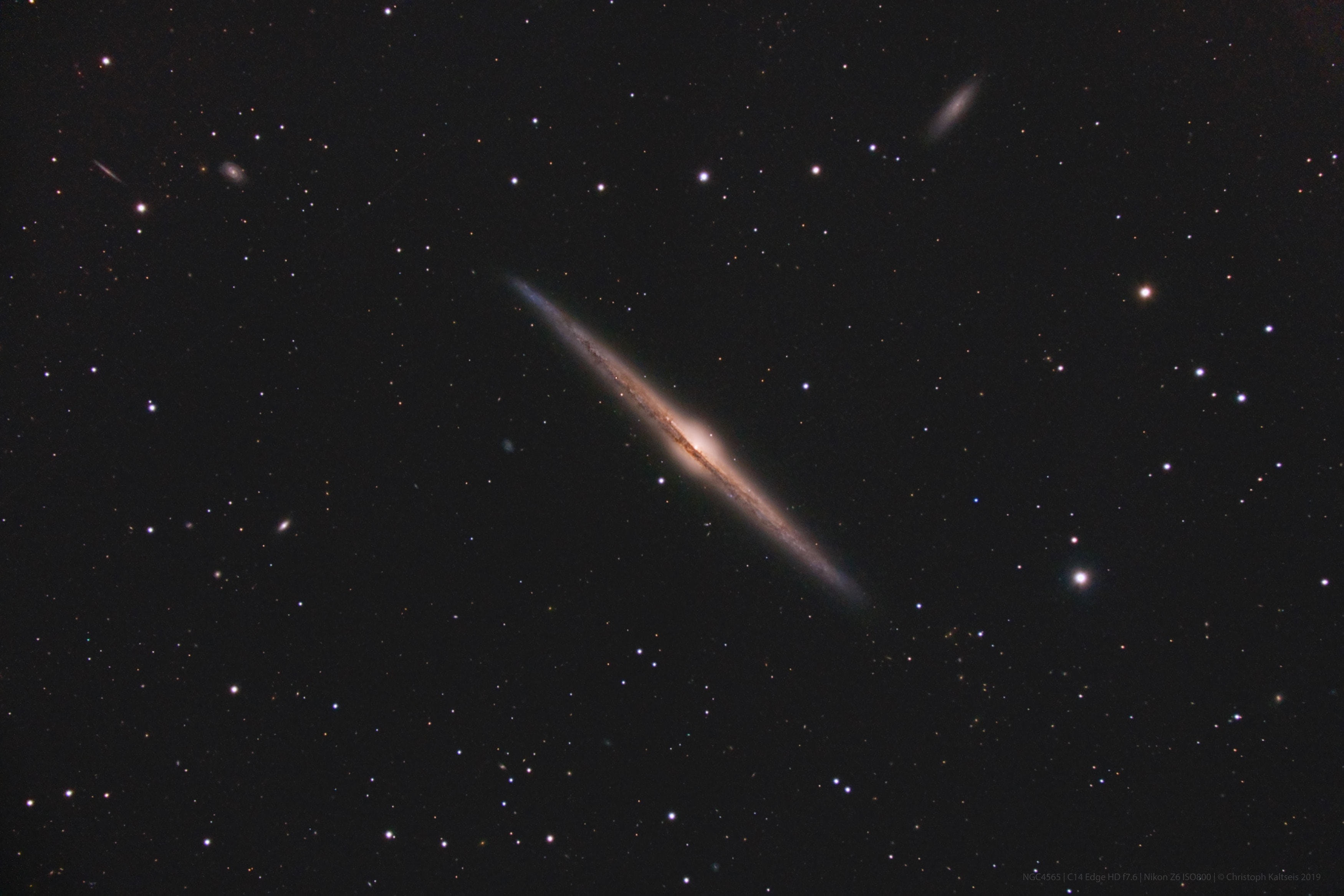 Magnificent spiral galaxy NGC 4565 is viewed edge-on from planet Earth. Also known as the Needle Galaxy for its narrow profile, bright NGC 4565 is a stop on many telescopic tours of the northern sky, in the faint but well-groomed constellation Coma Berenices. This sharp, colorful image reveals the galaxy's boxy, bulging central core cut by obscuring dust lanes that lace NGC 4565's thin galactic plane. An assortment of other background galaxies is included in the pretty field of view, with neighboring galaxy NGC 4562 at the upper right. NGC 4565 itself lies about 40 million light-years distant and spans some 100,000 light-years.  Easily spotted with small telescopes, sky enthusiasts consider NGC 4565 to be a prominent celestial masterpiece Messier missed.