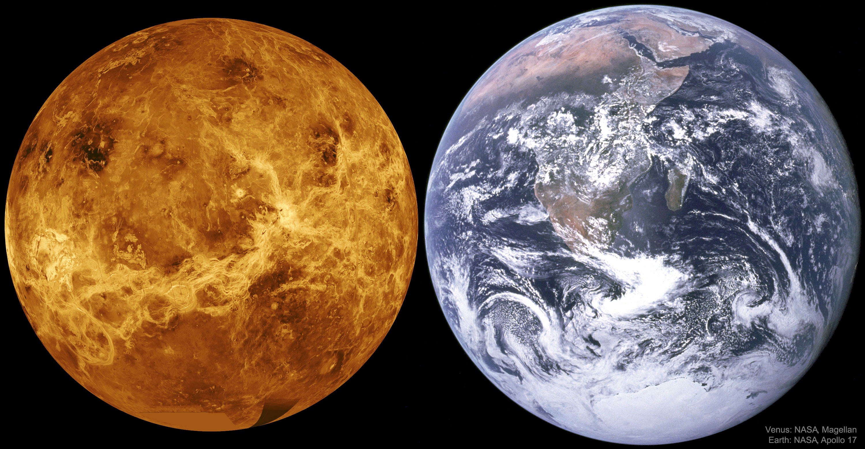 What does Venus look like beneath its thick clouds?  These clouds keep the planet's surface hidden from even the powerful telescopic eyes of Earth-bound astronomers.  In the early 1990s, though, using imaging radar, NASA's Venus-orbiting Magellan spacecraft was able to lift the veil from the face of Venus and produced spectacular high resolution images of the planet's surface.  Colors used in this computer generated picture of Magellan radar data are based on color images from the surface of Venus transmitted by the Soviet Venera 13 and 14 landers.  The bright area running roughly across the middle represents the largest highland region of Venus known as Aphrodite Terra. Venus, on the left, is about the same size as our Earth, shown to the right for comparison.