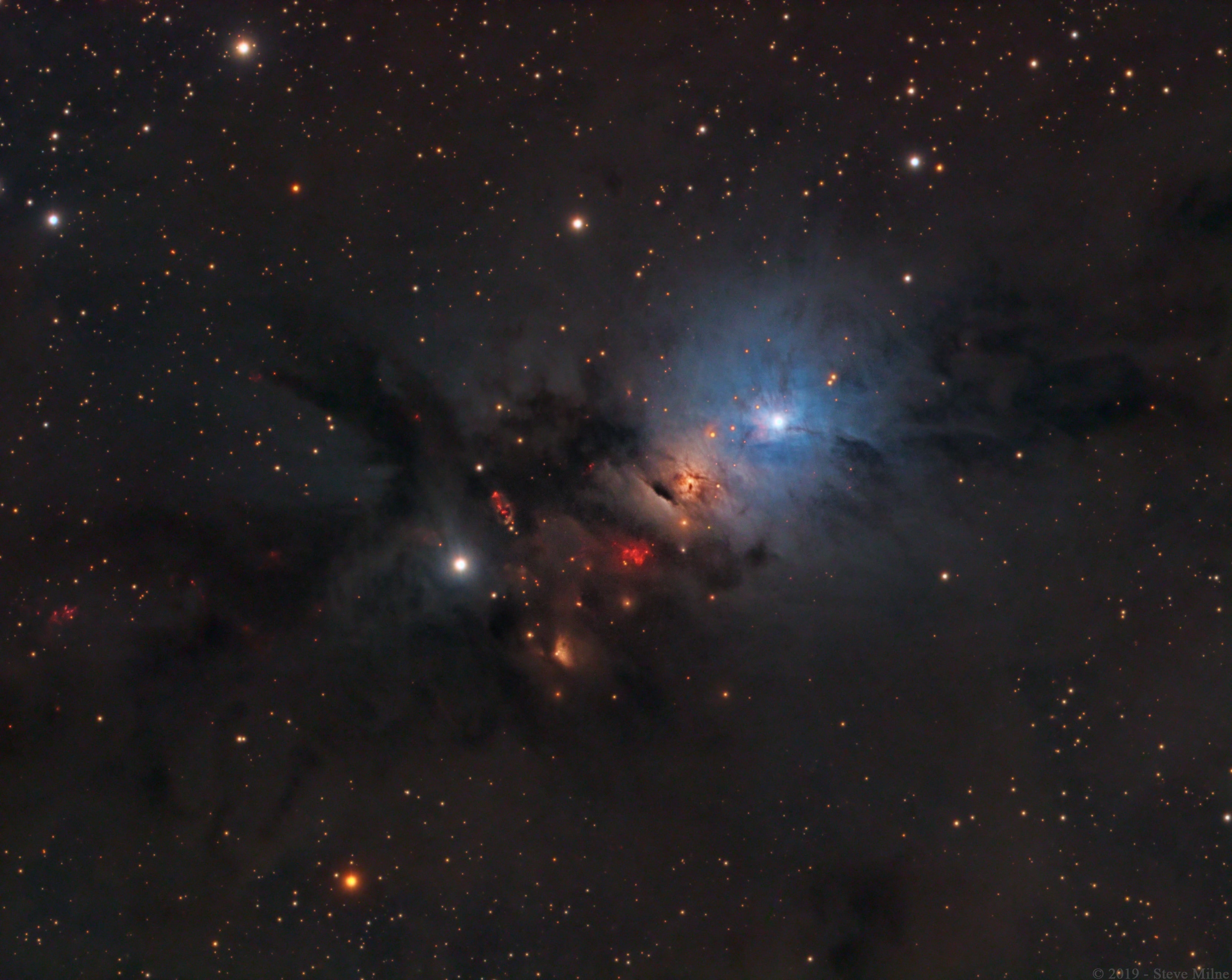 NGC 1333 is seen in visible light as a reflection nebula, dominated by bluish hues characteristic of starlight reflected by interstellar dust. A mere 1,000 light-years distant toward the heroic constellation Perseus, it lies at the edge of a large, star-forming molecular cloud. This striking close-up spans about two full moons on the sky or just over 15 light-years at the estimated distance of NGC 1333. It shows details of the dusty region along with telltale hints of contrasty red emission from Herbig-Haro objects, jets and shocked glowing gas emanating from recently formed stars. In fact, NGC 1333 contains hundreds of stars less than a million years old, most still hidden from optical telescopes by the pervasive stardust. The chaotic environment may be similar to one in which our own Sun formed over 4.5 billion years ago.