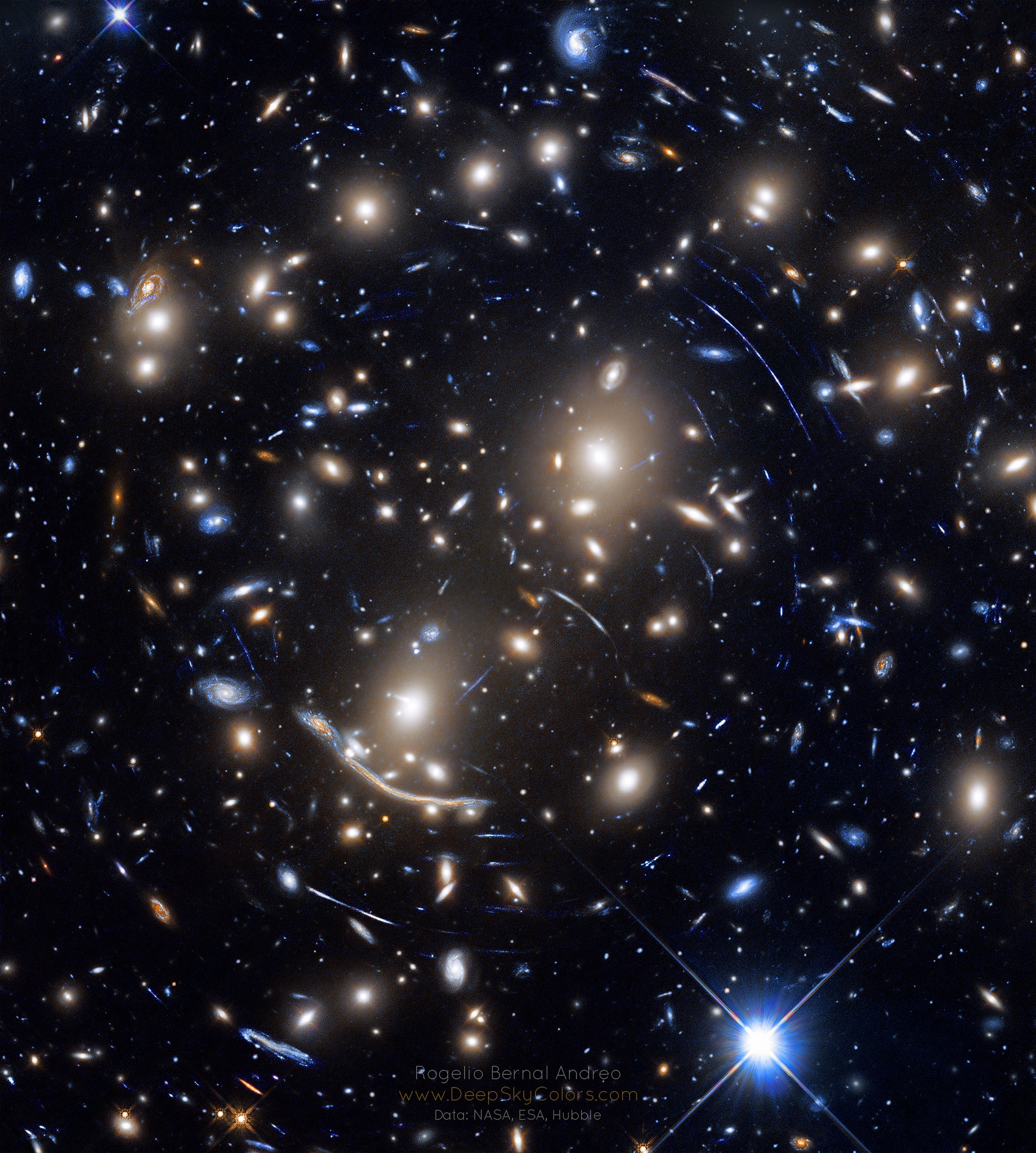 What are those strange arcs? While imaging the cluster of galaxies Abell 370, astronomers noticed an unusual arc.  The arc wasn't understood right away -- not until better images showed that the arc was a previously unseen type of astrophysical artifact of a gravitational lens, where the lens was the center of an entire cluster of galaxies. Today, we know that this arc, the brightest arc in the cluster, actually consists of two distorted images of a fairly normal galaxy that happens to lie far in the distance.  Abell 370's gravity caused the background galaxies' light -- and others -- to spread out and come to the observer along multiple paths, not unlike a distant light appears through the stem of a wine glass. Almost all of the yellow images featured here are galaxies in the Abell 370 cluster. An astute eye can pick up many strange arcs and distorted arclets, however, that are actually gravitationally lensed images of distant normal galaxies. Studying Abell 370 and its images gives astronomers a unique window into the distribution of normal and dark matter in galaxy clusters and the universe.