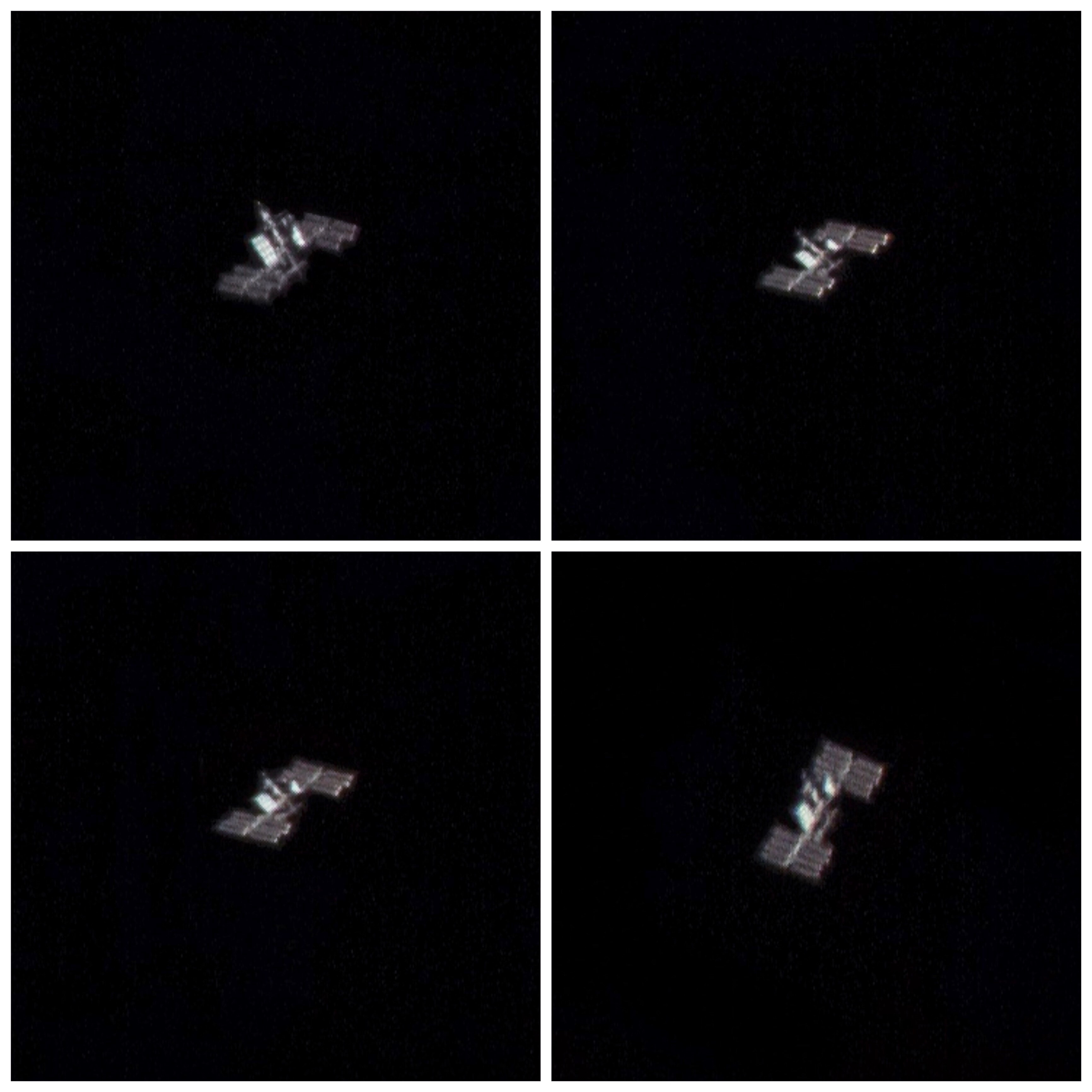 After sunset on March 28, the International Space Station climbed above the western horizon, as seen from Wallasey, England at the mouth of the River Mersey. Still glinting in the sunlight some 400 kilometers above planet Earth, the fast moving ISS was followed by hand with a small backyard telescope and high frame rate digital camera. A total of 2500 frames were recorded during the 7 minute long visible ISS passage and 100 of them captured images of the space station. These are the four best frames showing remarkable details of the ISS in low Earth orbit. Near the peak of its track, about 60 degrees above the horizon, the ISS was brighter than the brightest star in the sky and as close as 468 kilometers to the Wallasey backyard.