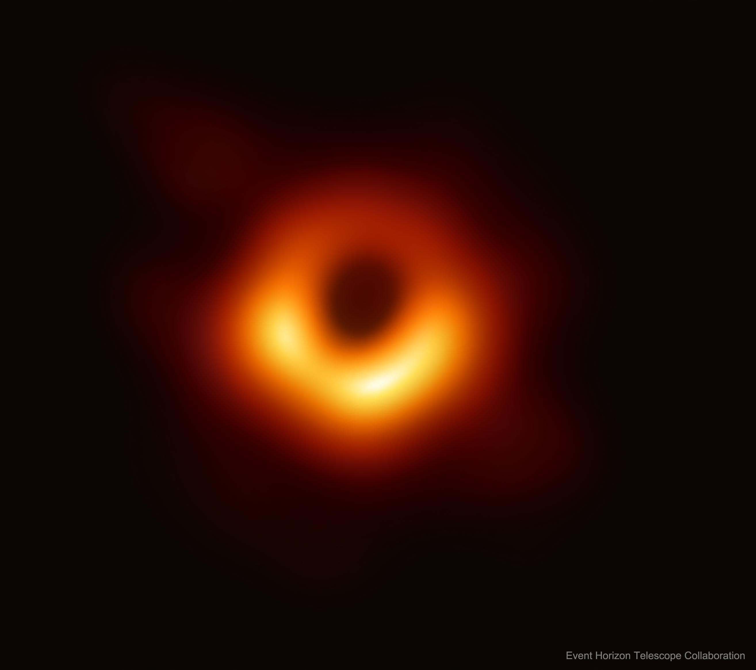 What does a black hole look like? To find out, radio telescopes from around the Earth coordinated observations of black holes with the largest known event horizons on the sky.  Alone, black holes are just black, but these monster attractors are known to be surrounded by glowing gas.  The first image was released yesterday and resolved the area around the black hole at the center of galaxy M87 on a scale below that expected for its event horizon.  Pictured, the dark central region is not the event horizon, but rather the black hole's shadow -- the central region of emitting gas darkened by the central black hole's gravity. The size and shape of the shadow is determined by bright gas near the event horizon, by strong gravitational lensing deflections, and by the black hole's spin.  In resolving this black hole's shadow, the Event Horizon Telescope (EHT) bolstered evidence that Einstein's gravity works even in extreme regions, and gave clear evidence that M87 has a central spinning black hole of about 6 billion solar masses.  The EHT is not done -- future observations will be geared toward even higher resolution, better tracking of variability, and exploring the immediate vicinity of the black hole in the center of our Milky Way Galaxy.