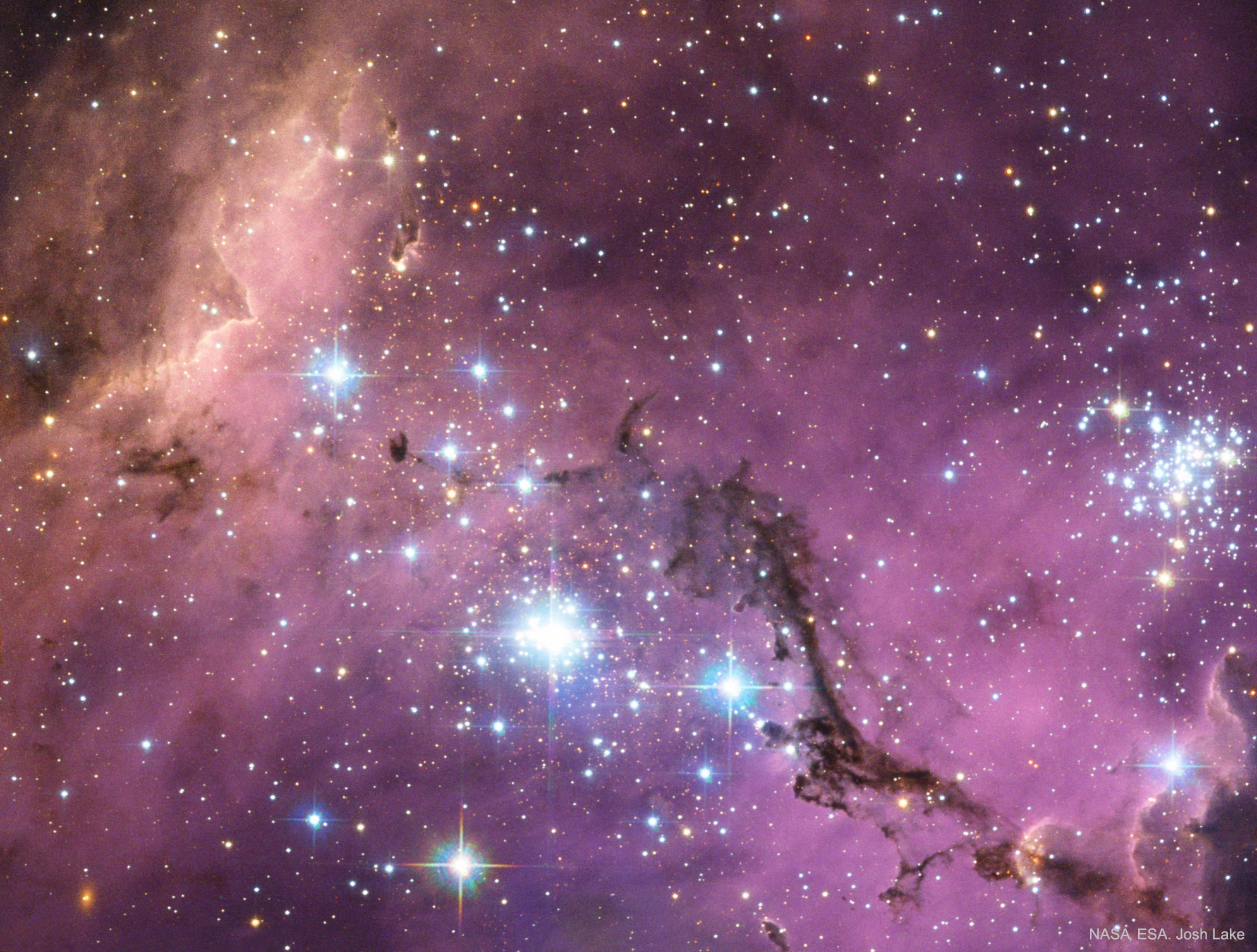 Massive stars, abrasive winds, mountains of dust, and energetic light sculpt one of the largest and most picturesque regions of star formation in the Local Group of Galaxies.  Known as N11, the region is visible on the upper right of many images of its home galaxy, the Milky Way neighbor known as the Large Magellanic Clouds (LMC).  The featured image was taken for scientific purposes by the Hubble Space Telescope and reprocessed for artistry by an amateur to win a Hubble's Hidden Treasures competition.  Although the section imaged above is known as NGC 1763, the entire N11 emission nebula is second in LMC size only to the Tarantula Nebula.  Compact globules of dark dust housing emerging young stars are also visible around the image.  A new study of variable stars in the LMC with Hubble has helped to recalibrate the distance scale of the  observable universe, but resulted in a slightly different scale than found using the pervasive cosmic microwave background.   Astrophysicists: Browse 1,900+ codes in the Astrophysics Source Code Library