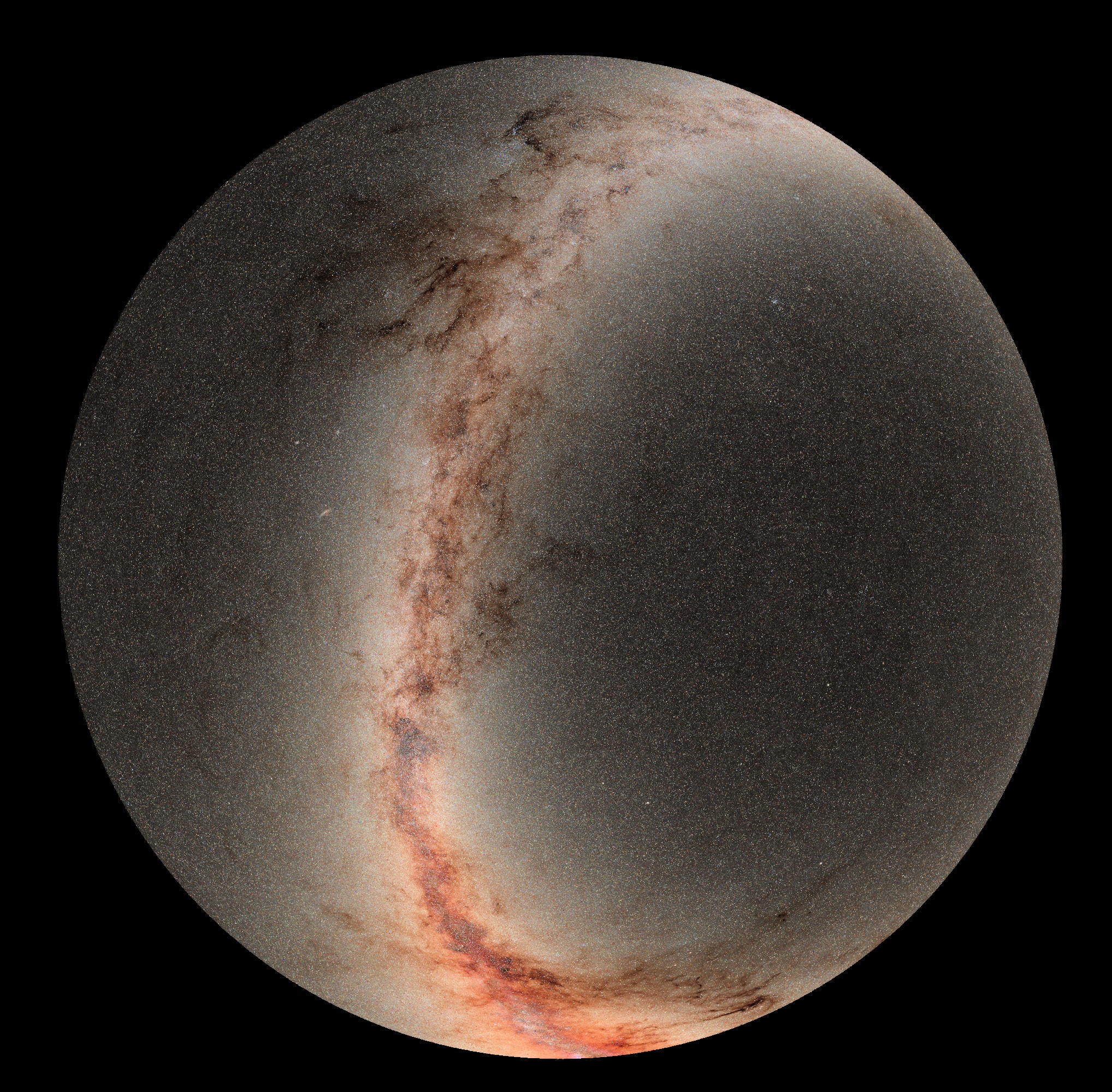 This astronomical sky spanning view is a mosaic from the Pan-STARRS observatory. The images were recorded with its 1.8 meter telescope at the summit of Haleakala on planet Earth's island of Maui. In fact, Earth's north celestial pole is centered in this across-the-sky projection. A declination of -30 degrees, the southern horizon limit as seen from the Hawaiian Valley Isle, defines the circular outer edge. Crowded starfields and cosmic dust clouds along the plane of our Milky Way galaxy stretch across the scene with the bright bulge of the galactic center at the bottom. Compiled over four years, the image data represent the second edition of data from Pan-STARRS (Panoramic Survey Telescope & Rapid Response System), currently the planet's largest digital sky survey. In 2017 Pan-STARRS was used to first recognize the interstellar voyage of 'Oumuamua, visitor to our Solar System.