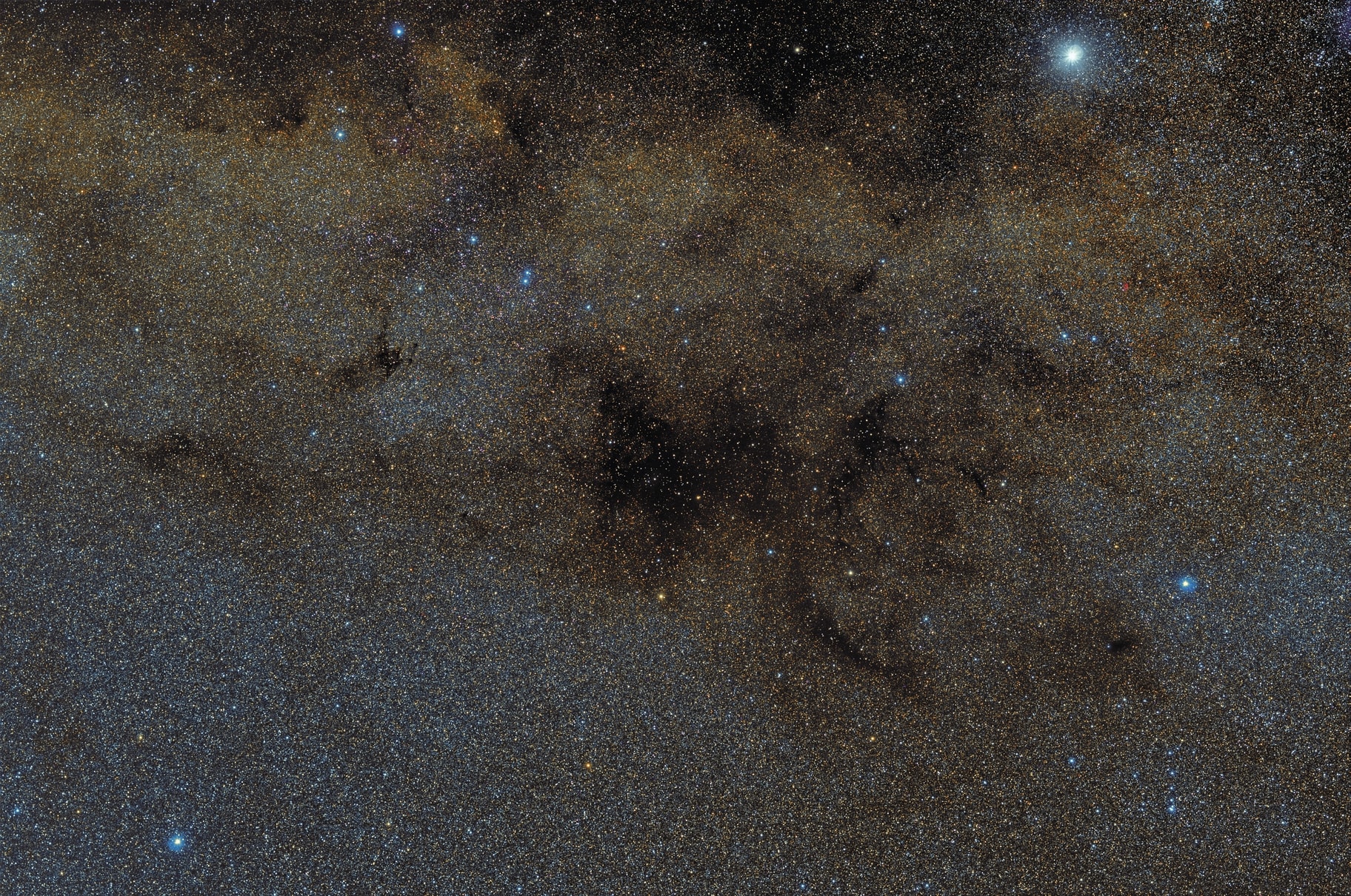 Rigil Kentaurus is the bright star near the top of this broad southern skyscape. Of course it's probably better known as Alpha Centauri, nearest star system to the Sun. Below it sprawls a dark nebula complex. The obscuring interstellar dust clouds include Sandqvist catalog clouds 169 and 172 in silhouette against the rich starfields along the southern Milky Way. Rigil Kent is a mere 4.37 light-years away, but the dusty dark nebulae lie at the edge of the starforming Circinus-West molecular cloud about 2,500 light-years distant. The wide-field of view spans over 12 degrees (24 full moons) across southern skies.