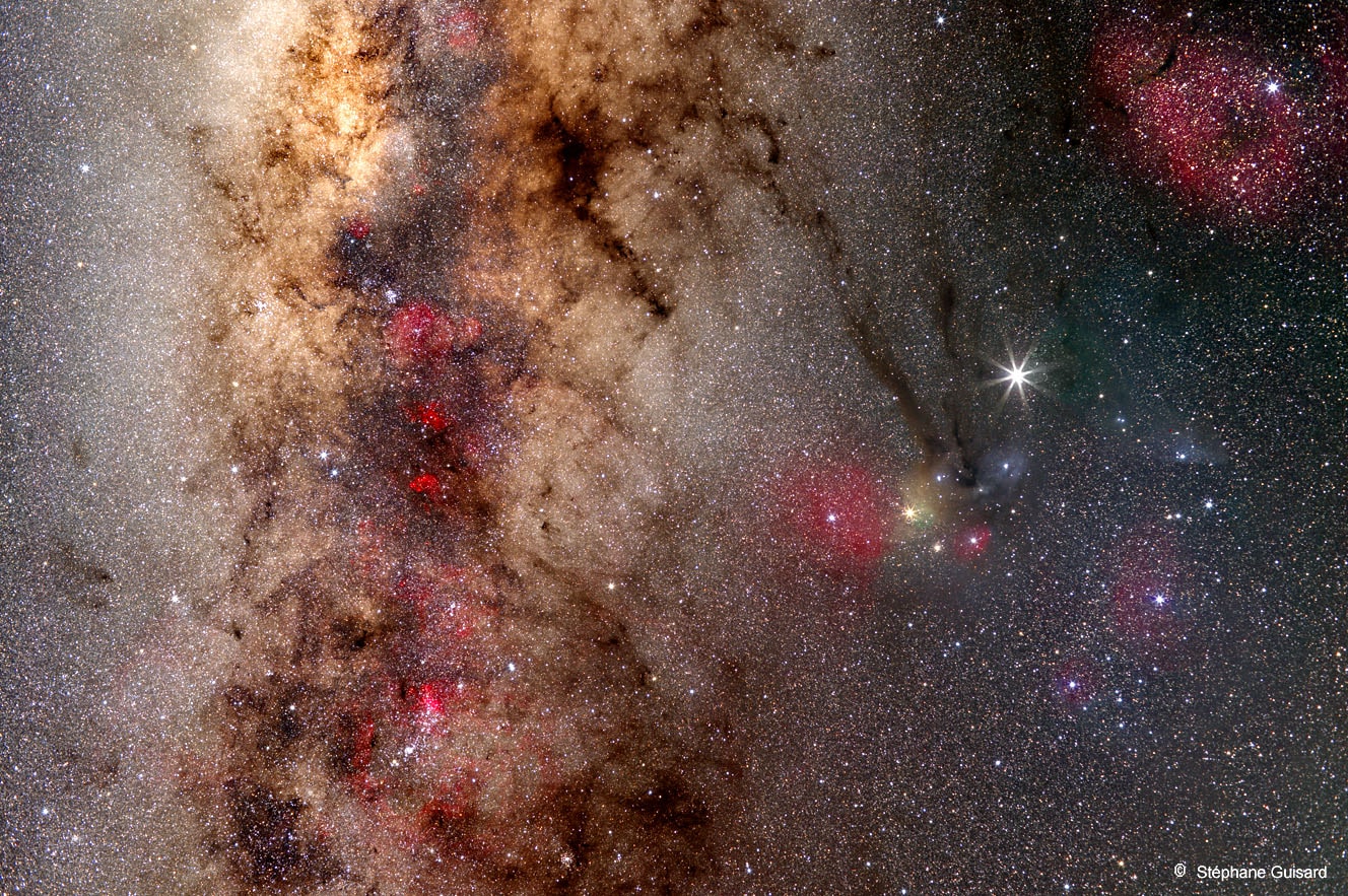 If Scorpius looked this good to the unaided eye, humans might remember it better.  Scorpius more typically appears as a few bright stars in a well-known but rarely pointed out zodiacal constellation. To get a spectacular image like this, though, one needs a good camera, color filters, and a digital image processor.  To bring out detail, the featured image not only involved long duration exposures taken in several colors, but one exposure in a very specific red color emitted by hydrogen.  The resulting image shows many breathtaking features.  Vertically across the image left is part of the plane of our Milky Way Galaxy.   Visible there are vast clouds of bright stars and long filaments of dark dust.  Jutting out diagonally from the Milky Way in the image center are dark dust bands known as the Dark River.  This river connects to several bright stars on the right that are part of Scorpius' head and claws, and include the bright star Antares.  Above and right of Antares is an even brighter planet: Jupiter. Numerous red emission nebulas and blue reflection nebulas are visible throughout the image. Scorpius appears prominently in southern skies after sunset during the middle of the year.