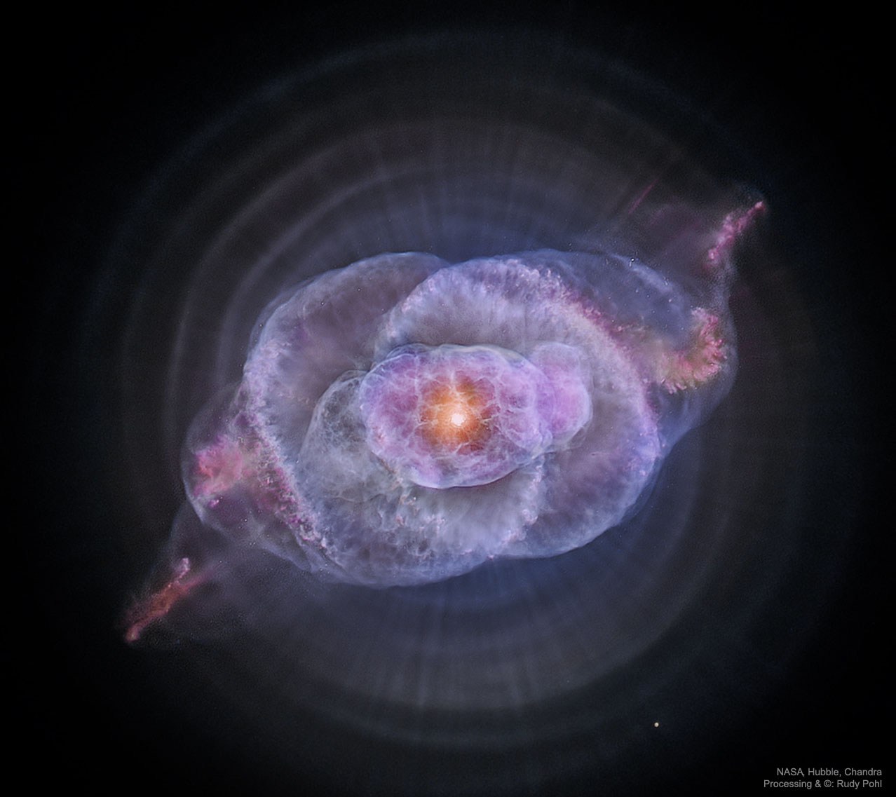 To some it looks like a cat's eye. To others, perhaps like a giant cosmic conch shell.  It is actually one of brightest and most highly detailed planetary nebula known, composed of gas expelled in the brief yet glorious phase near the end of life of a Sun-like star. This nebula's dying central star may have produced the outer circular concentric shells by shrugging off outer layers in a series of regular convulsions. The formation of the beautiful, complex-yet-symmetric inner structures, however, is not well understood. The featured image is a composite of a digitally sharpened Hubble Space Telescope image with X-ray light captured by the orbiting Chandra Observatory.  The exquisite floating space statue spans over half a light-year across. Of course, gazing into this Cat's Eye, humanity may well be seeing the fate of our sun, destined to enter its own planetary nebula phase of evolution ... in about 5 billion years.