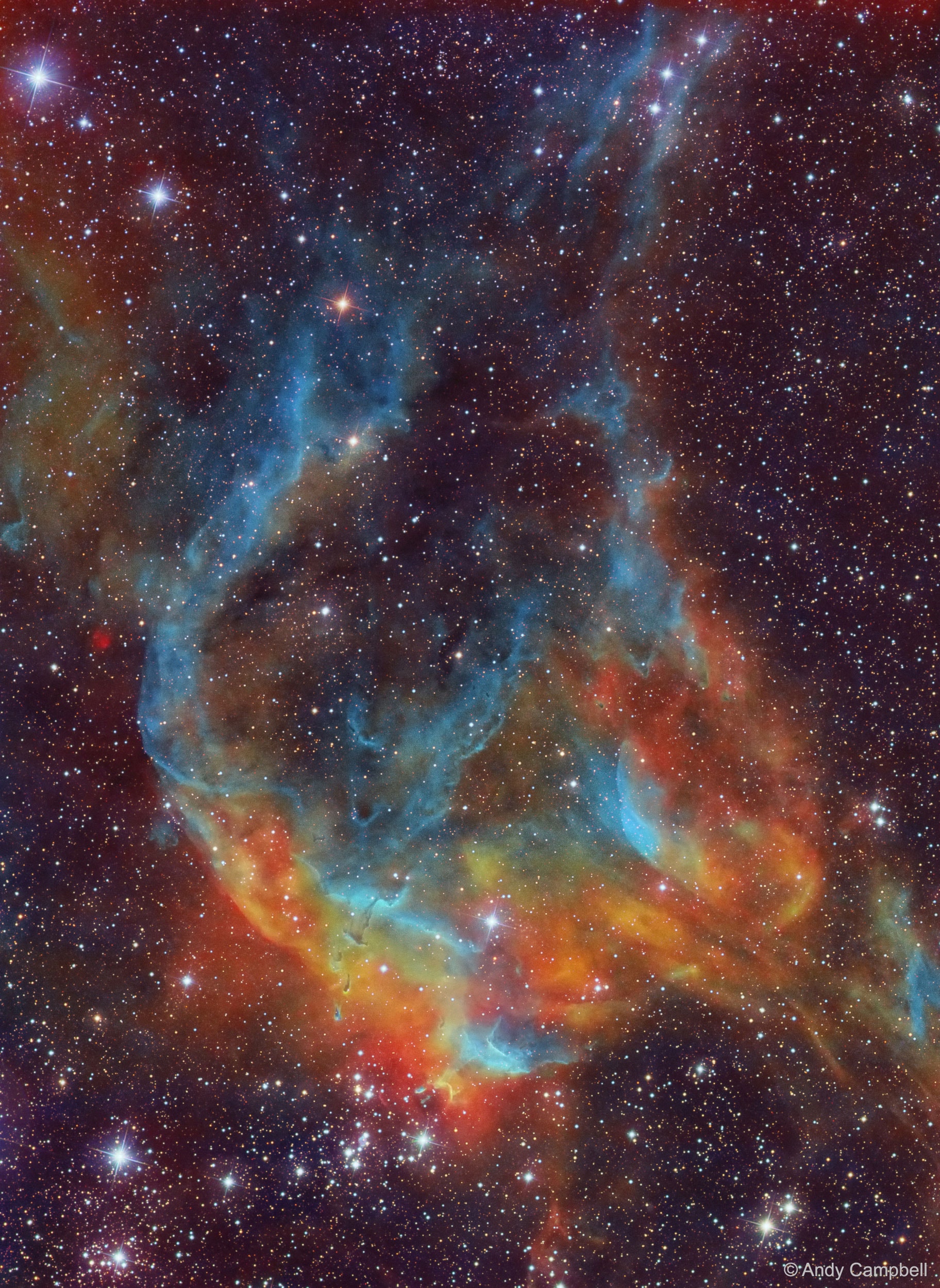 Star formation can be colorful.  This chromatic cosmic portrait features glowing gas and dark dust near some recently formed stars of NGC 3572, a little-studied star cluster near the Carina Nebula.  Stars from NGC 3572 are visible near the bottom of the image, while the expansive gas cloud above is likely what remains of their formation nebula. The image's striking hues were created by featuring specific colors emitted by hydrogen, oxygen, and sulfur, and blending them with images recorded through broadband filters in red, green, and blue. This nebula near NGC 3572 spans about 100 light years and lies about 9,000 light years away toward the southern constellation of the Ship's Keel (Carina).  Within a few million years the pictured gas will likely disperse, while gravitational encounters will likely disperse the cluster stars over about a billion years.   Astrophysicists: Browse 1,900+ codes in the Astrophysics Source Code Library