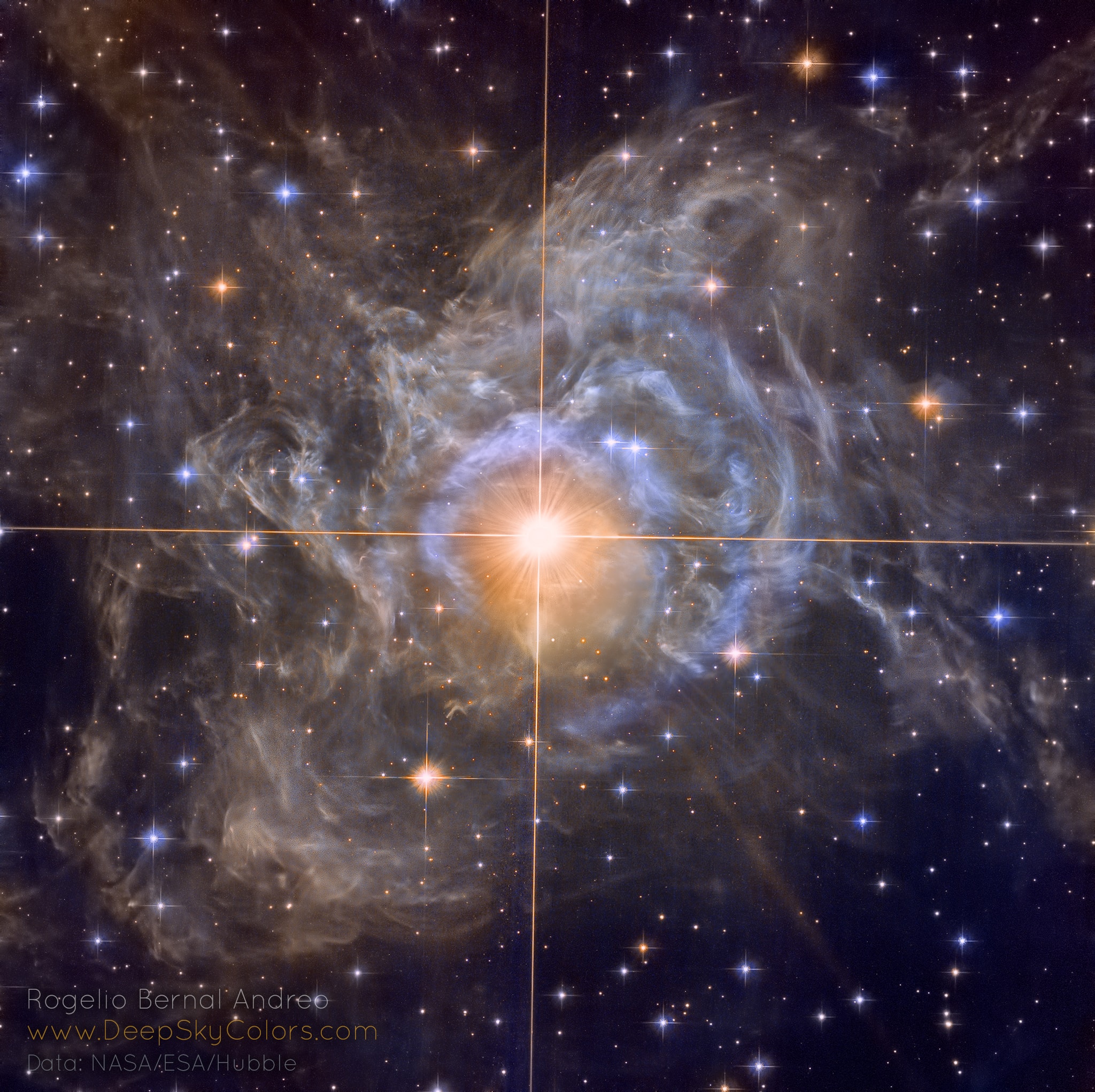 Pulsating RS Puppis, the brightest star in the image center, is some ten times more massive than our Sun and on average 15,000 times more luminous. In fact, RS Pup is a Cepheid variable star, a class of stars whose brightness is used to estimate distances to nearby galaxies as one of the first steps in establishing the cosmic distance scale. As RS Pup pulsates over a period of about 40 days, its regular changes in brightness are also seen along its surrounding nebula delayed in time, effectively a light echo. Using measurements of the time delay and angular size of the nebula, the known speed of light allows astronomers to geometrically determine the distance to RS Pup to be 6,500 light-years, with a remarkably small error of plus or minus 90 light-years. An impressive achievement for stellar astronomy, the echo-measured distance also more accurately establishes the true brightness of RS Pup, and by extension other Cepheid stars, improving the knowledge of distances to galaxies beyond the Milky Way.