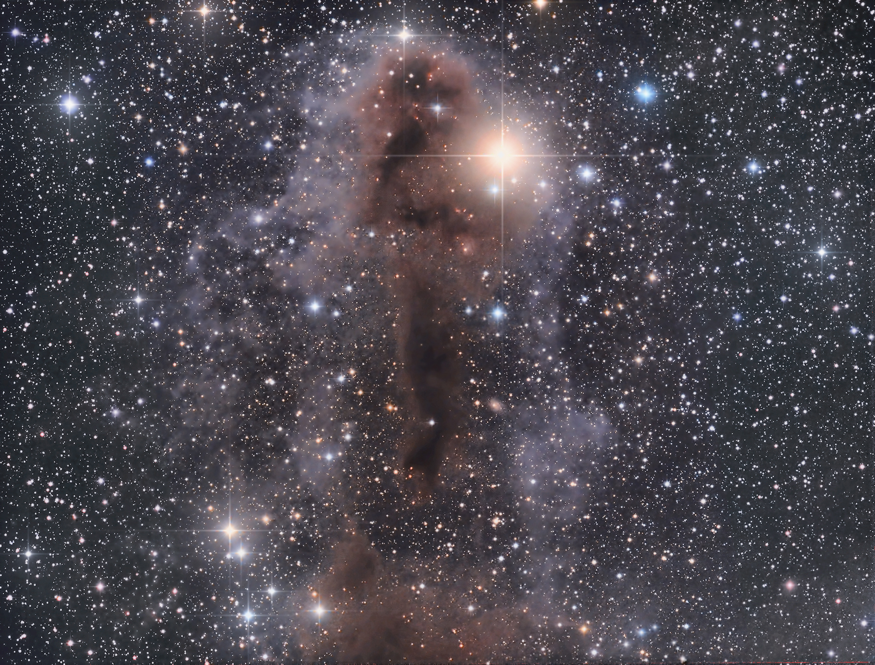 Stars are forming in Lynds Dark Nebula (LDN) 1251. About 1,000 light-years away and drifting above the plane of our Milky Way galaxy, the dusty molecular cloud is part of a complex of dark nebulae mapped toward the Cepheus flare region. Across the spectrum, astronomical explorations of the obscuring interstellar clouds reveal energetic shocks and outflows associated with newborn stars, including the telltale reddish glow from scattered Herbig-Haro objects seen in this sharp image. Distant background galaxies also lurk on the scene, visually buried behind the dusty expanse. The deep telescopic field of view imaged with broadband filters spans about two full moons on the sky, or 17 light-years at the estimated distance of LDN 1251.