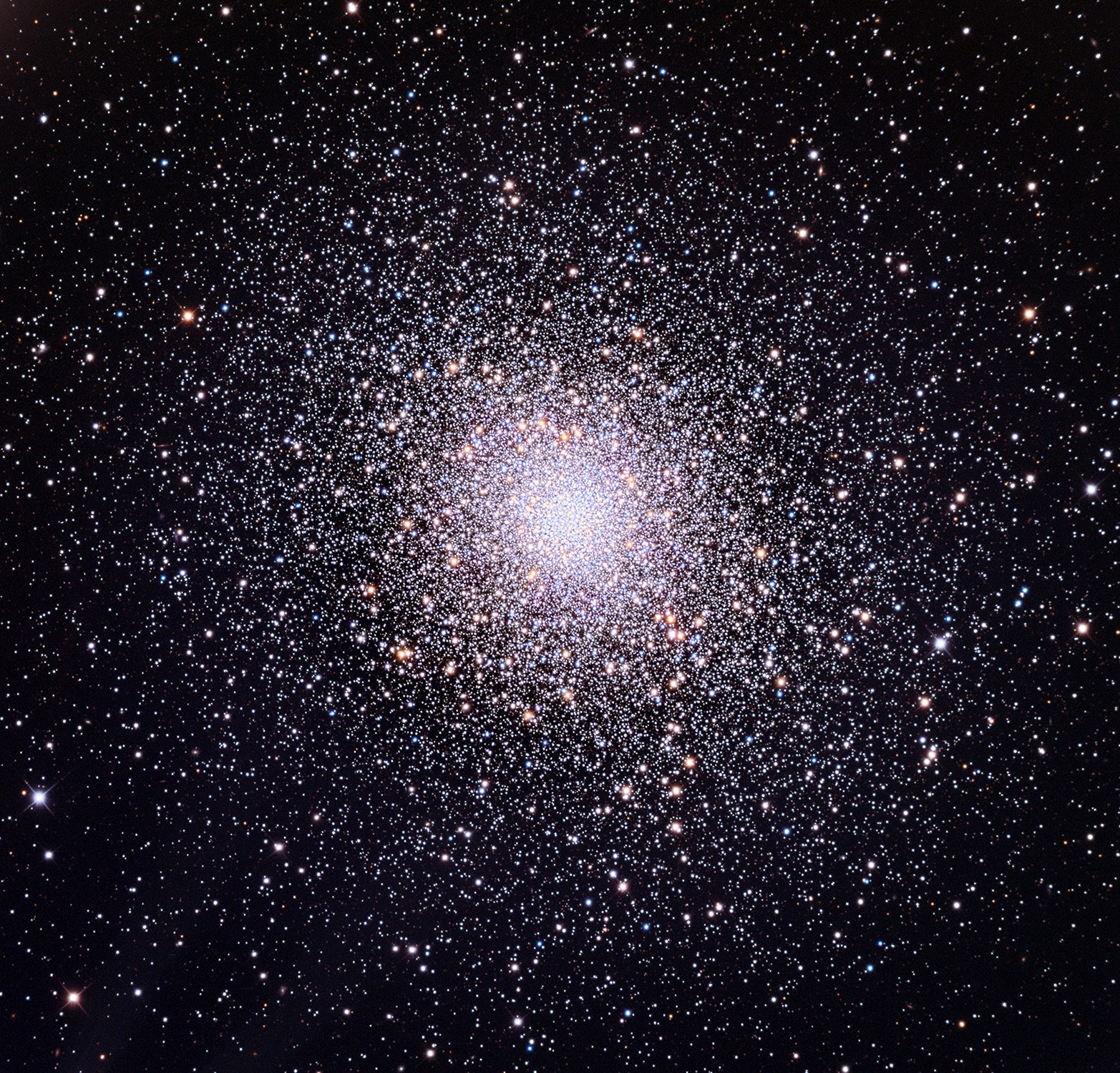 "Beautiful Nebula discovered between the Balance [Libra] & the Serpent [Serpens] ..." begins the description of the 5th entry in 18th century astronomer Charles Messier's famous catalog of nebulae and star clusters. Though it appeared to Messier to be fuzzy and round and without stars, Messier 5 (M5) is now known to be a globular star cluster, 100,000 stars or more, bound by gravity and packed into a region around 165 light-years in diameter. It lies some 25,000 light-years away. Roaming the halo of our galaxy, globular star clusters are ancient members of the Milky Way. M5 is one of the oldest globulars, its stars estimated to be nearly 13 billion years old. The beautiful star cluster is a popular target for earthbound telescopes. Even close to its dense core, the cluster's red and blue giant stars, and rejuvenated blue stragglers stand out with yellowish and blue hues in this sharp color image.