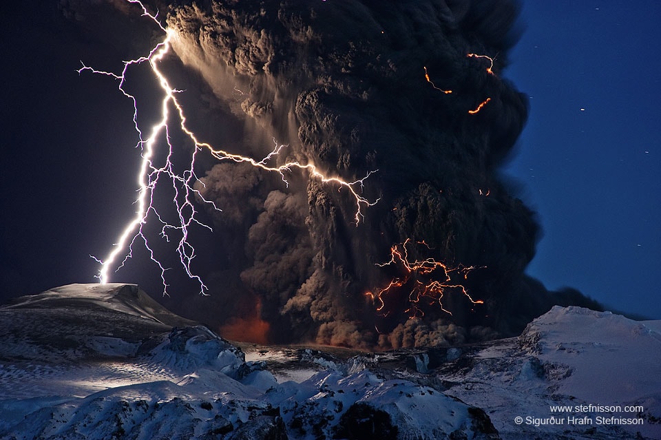 Why did a picturesque volcanic eruption in Iceland create so much ash? Although the large ash plume was not unparalleled in its abundance, its location was particularly noticeable because it drifted across such well-populated areas. The Eyjafjallaj�kull volcano in southern Iceland began erupting on 2010 March 20, with a second eruption starting under the center of a small glacier on 2010 April 14. Neither eruption was unusually powerful.  The second eruption, however, melted a large amount of glacial ice which then cooled and fragmented lava into gritty glass particles that were carried up with the rising volcanic plume.  Pictured here during the second eruption, lightning bolts illuminate ash pouring out of the Eyjafjallaj�kull volcano.    Follow APOD on: Instagram, Facebook,  Reddit, or Twitter