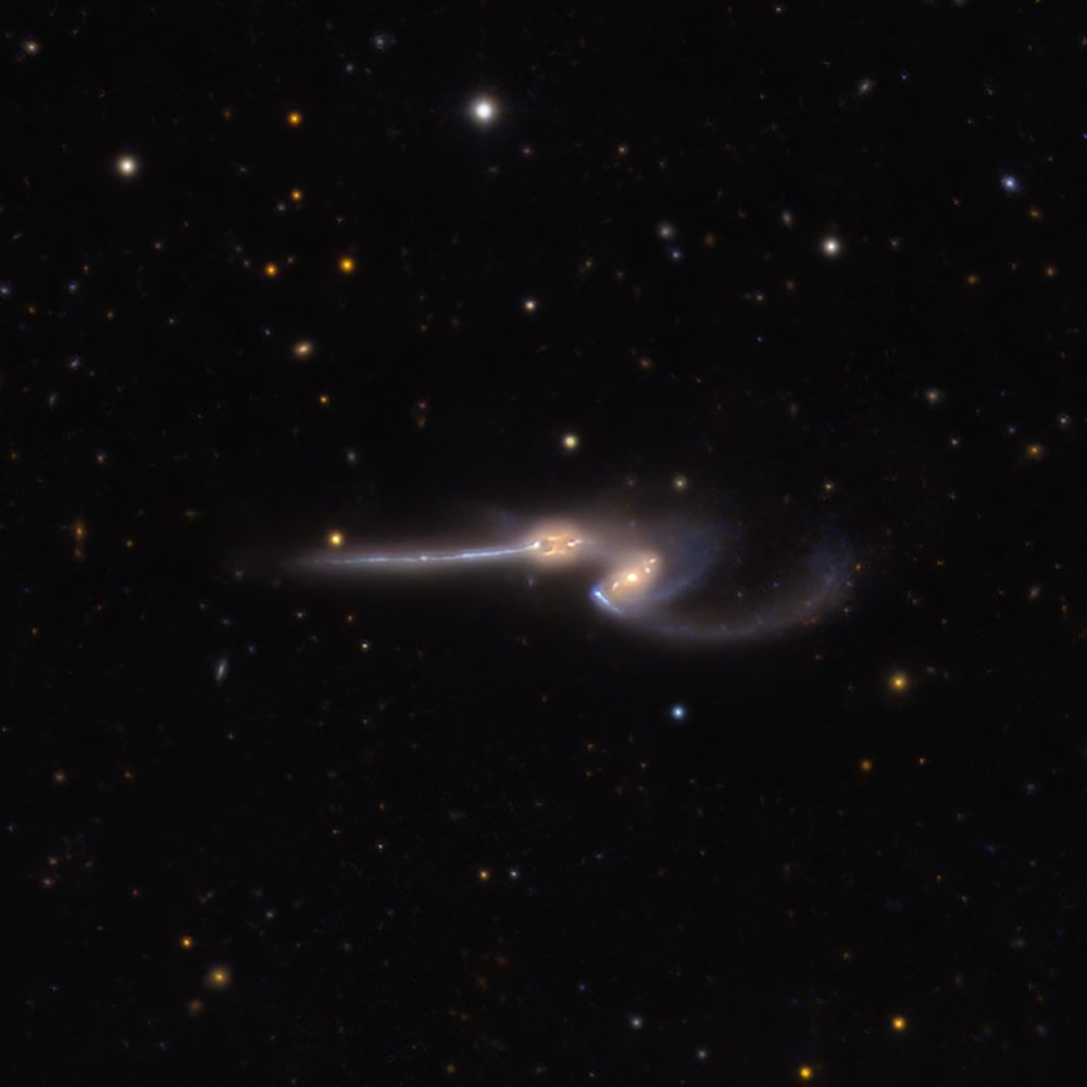 These two mighty galaxies are pulling each other apart.  Known as The Mice because they have such long tails, each large spiral galaxy has actually passed through the other. Their long tails are drawn out by strong gravitational tides rather than collisions of their individual stars. Because the distances are so large, the cosmic interaction takes place in slow motion -- over hundreds of millions of years.  They will probably collide again and again over the next billion years until they coalesce to form a single galaxy. NGC 4676 lies about 300 million light-years away toward the constellation of Bernice's Hair (Coma Berenices) and are likely members of the Coma Cluster of Galaxies.  Not often imaged in small telescopes, this field of view catches the faint tidal tails several hundred thousand light-years long.