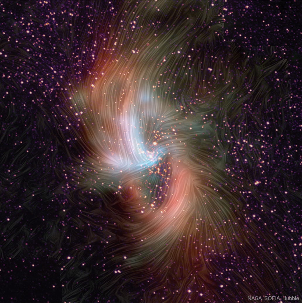 What's the magnetic field like in the center of our Milky Way Galaxy? To help find out, NASA's SOFIA -- an observatory  flying in a modified 747 -- imaged the central region with an instrument known as HAWC+.  HAWC+ maps magnetism by observing polarized infrared light emitted by elongated dust grains rotating in alignment with the local magnetic field.  Now at our Milky Way's center is a supermassive black hole with a hobby of absorbing gas from stars it has recently destroyed.  Our galaxy's black hole, though, is relatively quiet compared to the absorption rate of the central black holes in active galaxies. The featured image gives a clue as to why -- a surrounding magnetic field may either channel gas into the black hole -- which lights up its exterior, or forces gas into an accretion-disk holding pattern, causing it to be less active -- at least temporarily. Inspection of the featured image -- appearing perhaps like a surreal mashup of impasto art and gravitational astrophysics -- brings out this telling clue by detailing the magnetic field in and around a dusty ring surrounding Sagittarius A*, the black hole in our Milky Way's center.