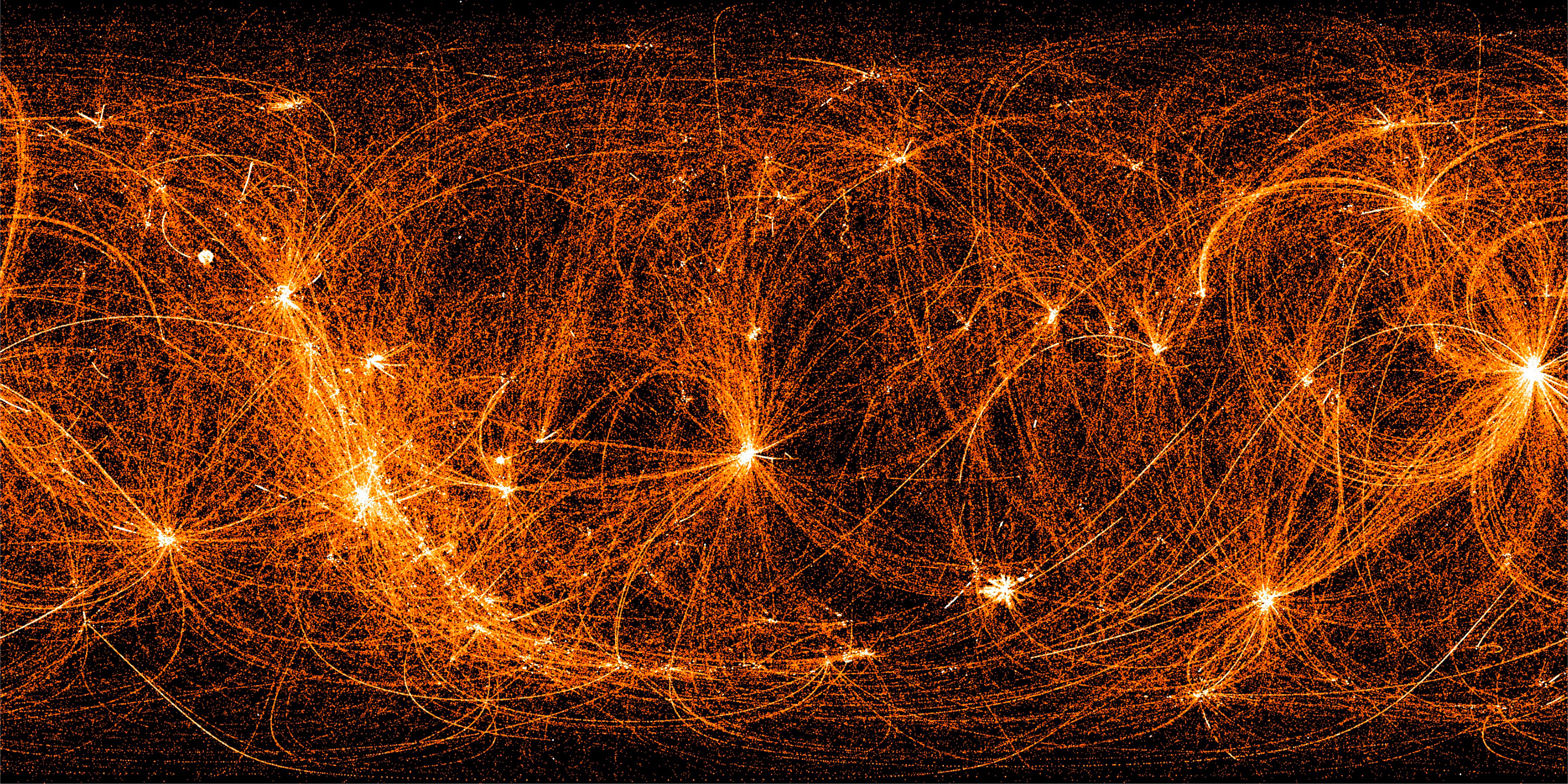 A payload on board the International Space Station, the Neutron star Interior Composition Explorer (NICER) twists and turns to track cosmic sources of X-rays as the station orbits planet Earth every 93 minutes. During orbit nighttime, its X-ray detectors remain on. So as NICER slews from target to target bright arcs and loops are traced across this all-sky map made from 22 months of NICER data. The arcs tend to converge on prominent bright spots, pulsars in the X-ray sky that NICER regularly targets and monitors. The pulsars are spinning neutron stars that emit clock-like pulses of X-rays. Their timing is so precise it can be used for navigation, determining spacecraft speed and position. This NICER X-ray, all-sky, map is composed in coordinates with the celestial equator horizontally across the center.