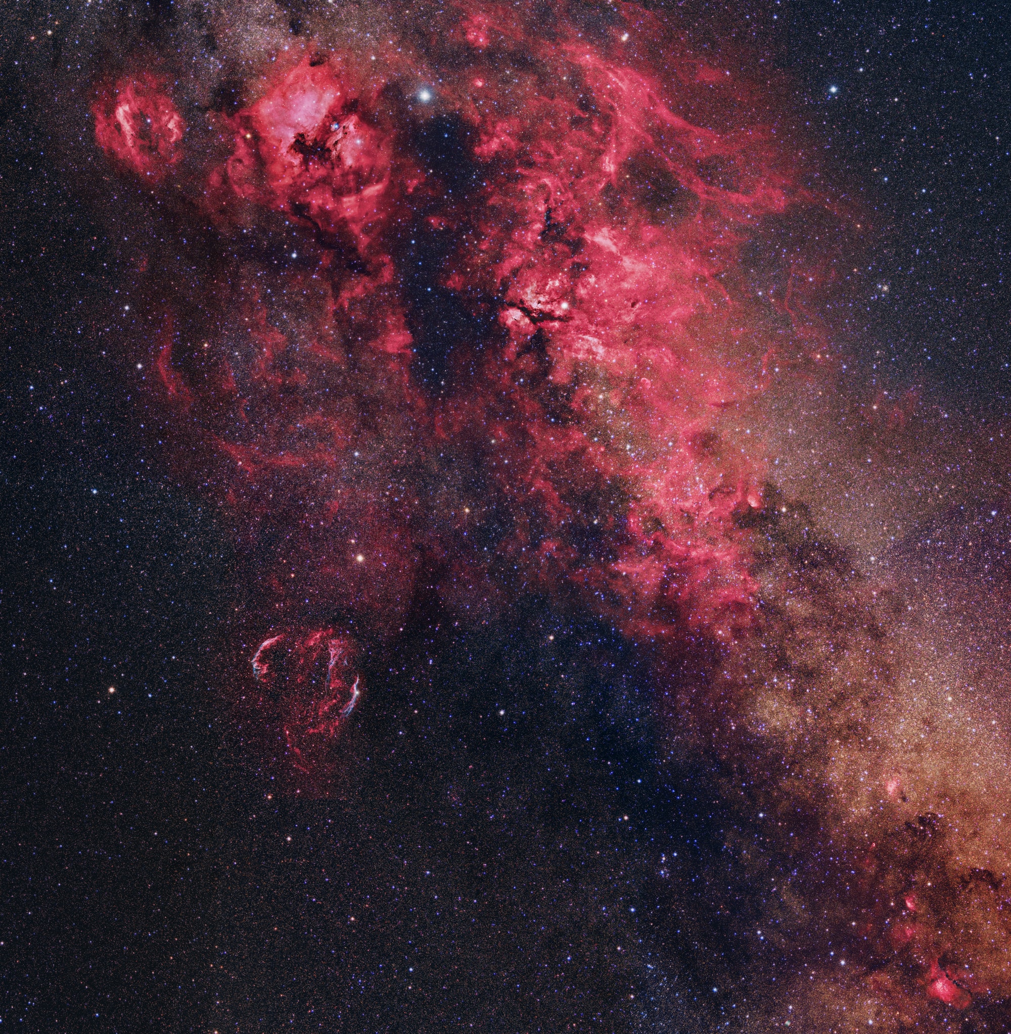 In brush strokes of interstellar dust and glowing hydrogen gas, this beautiful skyscape is painted across the plane of our Milky Way Galaxy near the northern end of the Great Rift and the constellation Cygnus the Swan. Composed with three different telescopes and about 90 hours of image data the widefield mosaic spans an impressive 24 degrees across the sky. Alpha star of Cygnus, bright, hot, supergiant Deneb lies near top center. Crowded with stars and luminous gas clouds Cygnus is also home to the dark, obscuring Northern Coal Sack Nebula, extending from Deneb toward the center of the view. The reddish glow of star forming regions NGC 7000, the North America Nebula and IC 5070, the Pelican Nebula, are just left of Deneb. The Veil Nebula is a standout below and left of center. A supernova remnant, the Veil is some 1,400 light years away, but many other nebulae and star clusters are identifiable throughout the cosmic scene. Of course, Deneb itself is also known to northern hemisphere skygazers for its place in two asterisms -- marking the top of the Northern Cross and a vertex of the Summer Triangle.