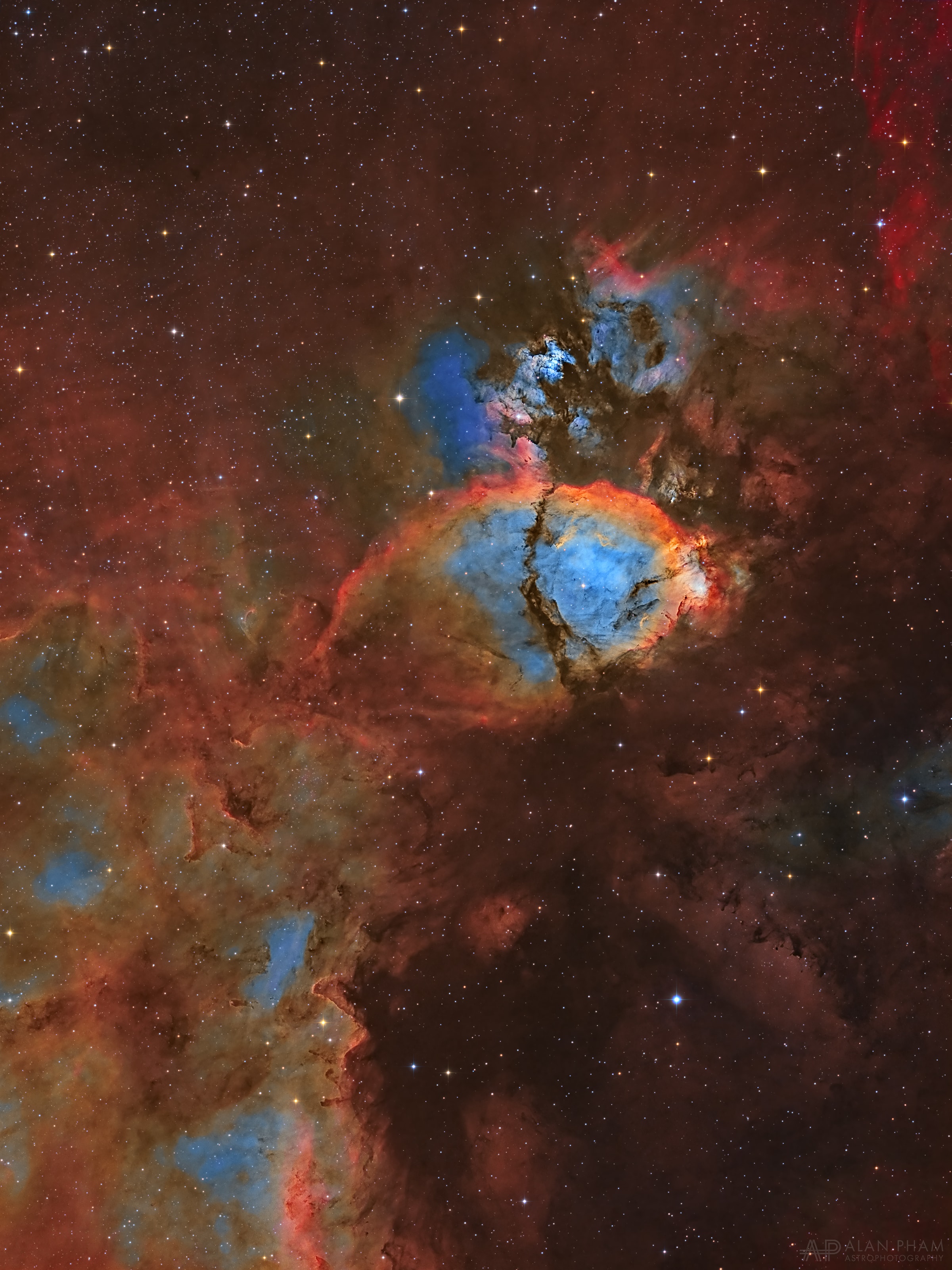 To some, this nebula looks like the head of a fish. However, this colorful cosmic portrait really features glowing gas and obscuring dust clouds in IC 1795, a star forming region in the northern constellation Cassiopeia. The nebula's colors were created by adopting the Hubble color palette for mapping narrow emission from oxygen, hydrogen, and sulfur atoms to blue, green and red colors, and further blending the data with images of the region recorded through broadband filters. Not far on the sky from the famous Double Star Cluster in Perseus, IC 1795 is itself located next to IC 1805, the Heart Nebula, as part of a complex of star forming regions that lie at the edge of a large molecular cloud. Located just over 6,000 light-years away, the larger star forming complex sprawls along the Perseus spiral arm of our Milky Way Galaxy. At that distance, this picture would span about 70 light-years across IC 1795.   Astrophysicists: Browse 2,000+ codes in the Astrophysics Source Code Library