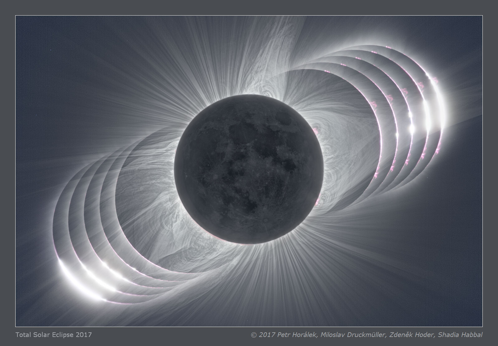 Most photographs don't adequately portray the magnificence of the Sun's corona. Seeing the corona first-hand during a total solar eclipse is unparalleled.  The human eye can adapt to see coronal features and extent that average cameras usually cannot. Welcome, however, to the digital age.  The featured central image digitally combined short and long exposures that were processed to highlight faint and extended features in the corona of the total solar eclipse that occurred in August of 2017.  Clearly visible are intricate layers and glowing caustics of an ever changing mixture of hot gas and magnetic fields in the Sun's corona.  Looping prominences appear bright pink just past the Sun's limb.  Faint details on the night side of the New Moon can even be made out, illuminated by sunlight reflected from the dayside of the Full Earth. Images taken seconds before and after the total eclipse show glimpses of the background Sun known as Baily's Beads and Diamond Ring.  Tomorrow, a new total solar eclipse will be visible from parts of South America.
