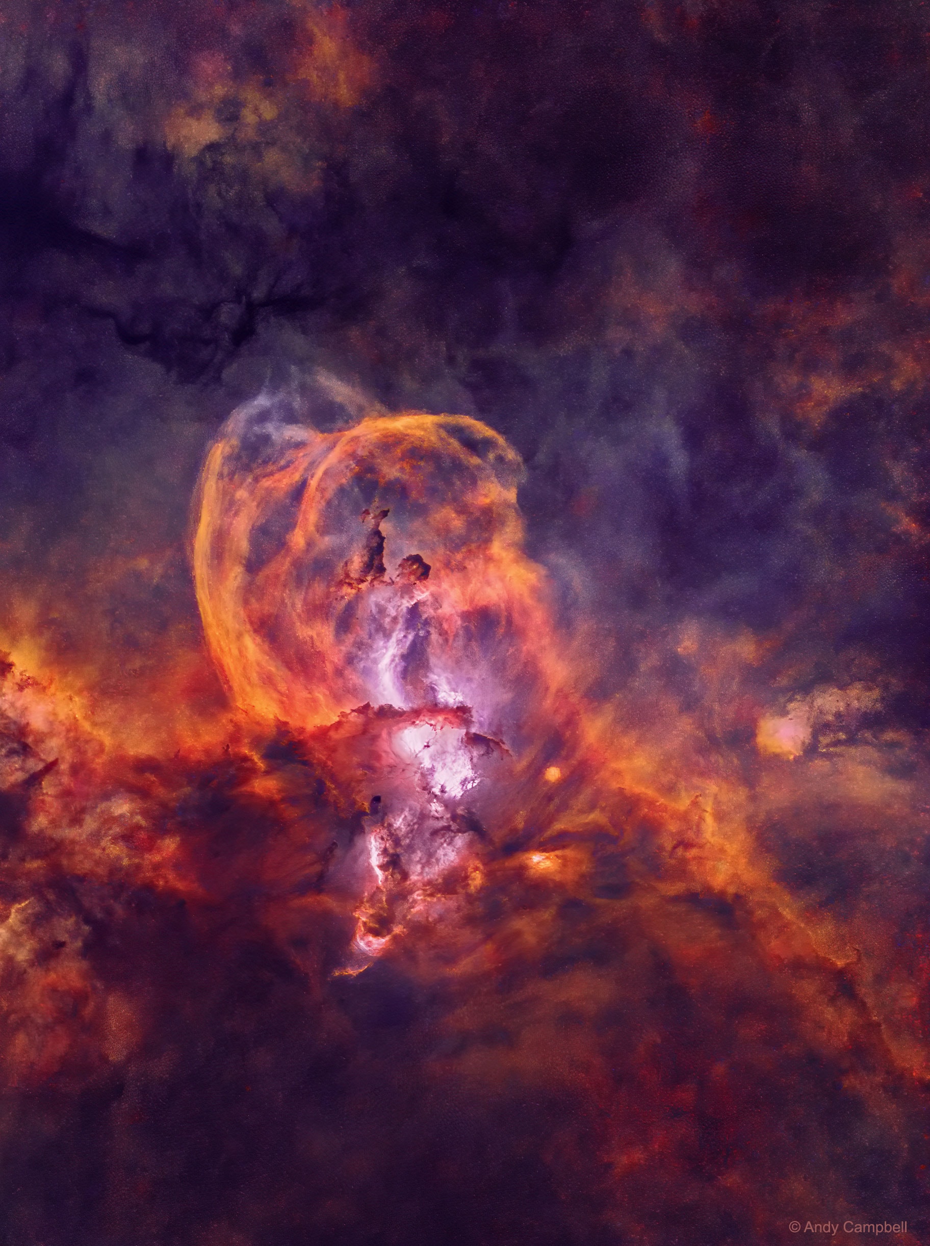 What's happening in the Statue of Liberty nebula?  Bright stars and interesting molecules are forming and being liberated. The complex nebula resides in the star forming region called RCW 57, and besides the iconic monument, to some looks like a flying superhero or a weeping angel.  By digitally removing the stars, this image showcases dense knots of dark interstellar dust, fields of glowing hydrogen gas ionized by these stars, and great loops of gas expelled by dying stars. A detailed study of NGC 3576, also known as NGC 3582 and NGC 3584, uncovered at least 33 massive stars in the end stages of formation, and the clear presence of the complex carbon molecules known as polycyclic aromatic hydrocarbons (PAHs). PAHs are thought to be created in the cooling gas of star forming regions, and their development in the Sun's formation nebula five billion years ago may have been an important step in the development of life on Earth.   Follow APOD in English on: Instagram, Facebook,  Reddit, or Twitter