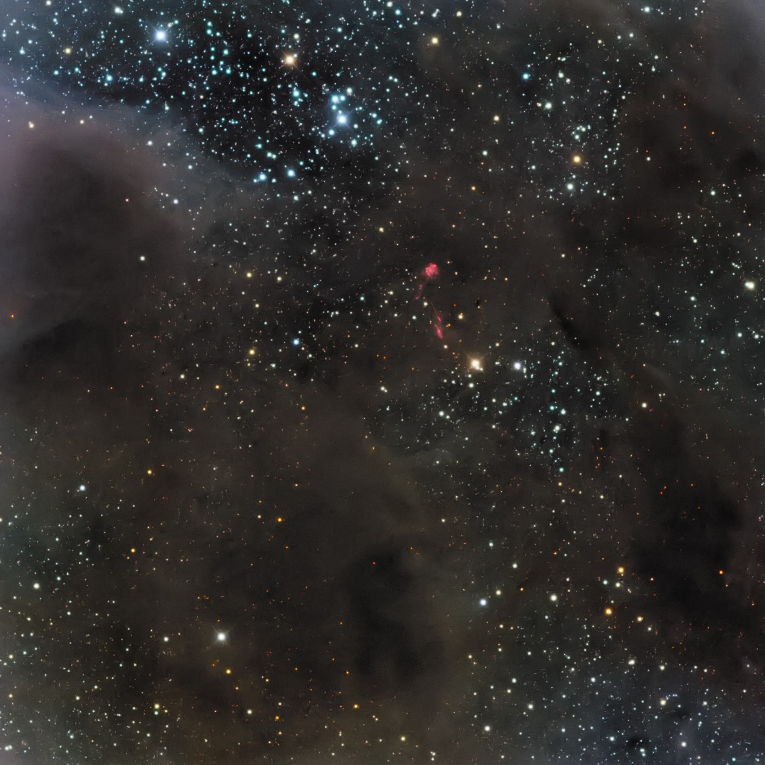 A small constellation hiding near the south celestial pole, The Chamaeleon boasts no bright stars. Stars are forming within its constellation boundaries though, in a complex of dark, dusty molecular clouds. Some 500 light-years distant, the Chamaeleon II dark nebula inhabits this view where the cosmic dust clouds standout mostly in silhouette against the starry southern sky. The telescopic frame is about the angular size of a Full Moon and so spans about 5 light-years at the dark cloud's estimated distance. Scattered near center a telltale reddish glow from identified Herbig-Haro objects is seen in the sharp image, jets of shocked glowing gas emanating from recently formed stars.