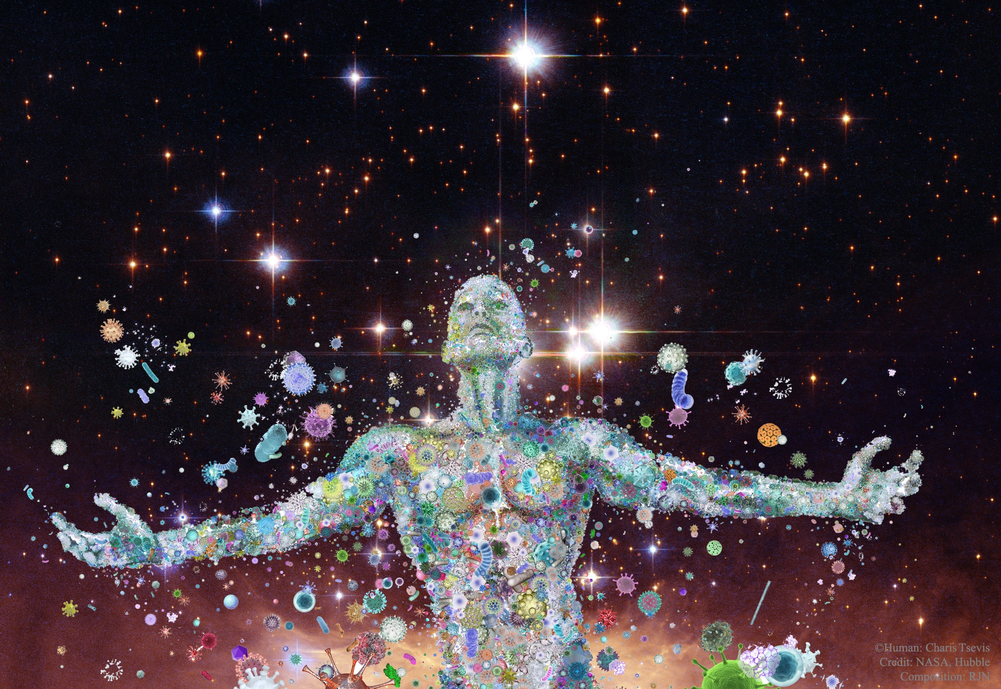 You are a spaceship soaring through the universe. So is your dog. We all carry with us trillions of microorganisms as we go through life. These multitudes of bacteria, fungi, and archaea have different DNA than you. Collectively called your microbiome, your shipmates outnumber your own cells. Your crew members form communities, help digest food, engage in battles against intruders, and sometimes commute on a liquid superhighway from one end of your body to the other.  Much of what your microbiome does, however, remains unknown. You are the captain, but being nice to your crew may allow you to explore more of your local cosmos.