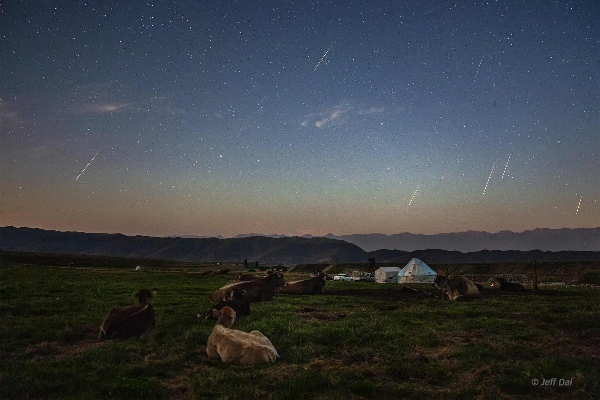 Despite interfering moonlight, many denizens of planet Earth were able to watch this year's Perseid meteor shower. This pastoral scene includes local skygazers admiring the shower's brief, heavenly flashes in predawn hours near peak activity on August 13 from Nalati Grassland in Xinjiang, China. A composite, the image registers seven frames taken during a two hour span recording Perseid meteor streaks against a starry sky. Centered along the horizon is the Plough, the north's most famous asterism, though some might see the familiar celestial kitchen utensil known as the Big Dipper. Perhaps the year's most easily enjoyed meteor shower, Perseid meteors are produced as Earth itself sweeps through dust from periodic comet Swift-Tuttle. The dust particles are vaporized at altitudes of 100 kilometers or so as they plow through the atmosphere at 60 kilometers per second.