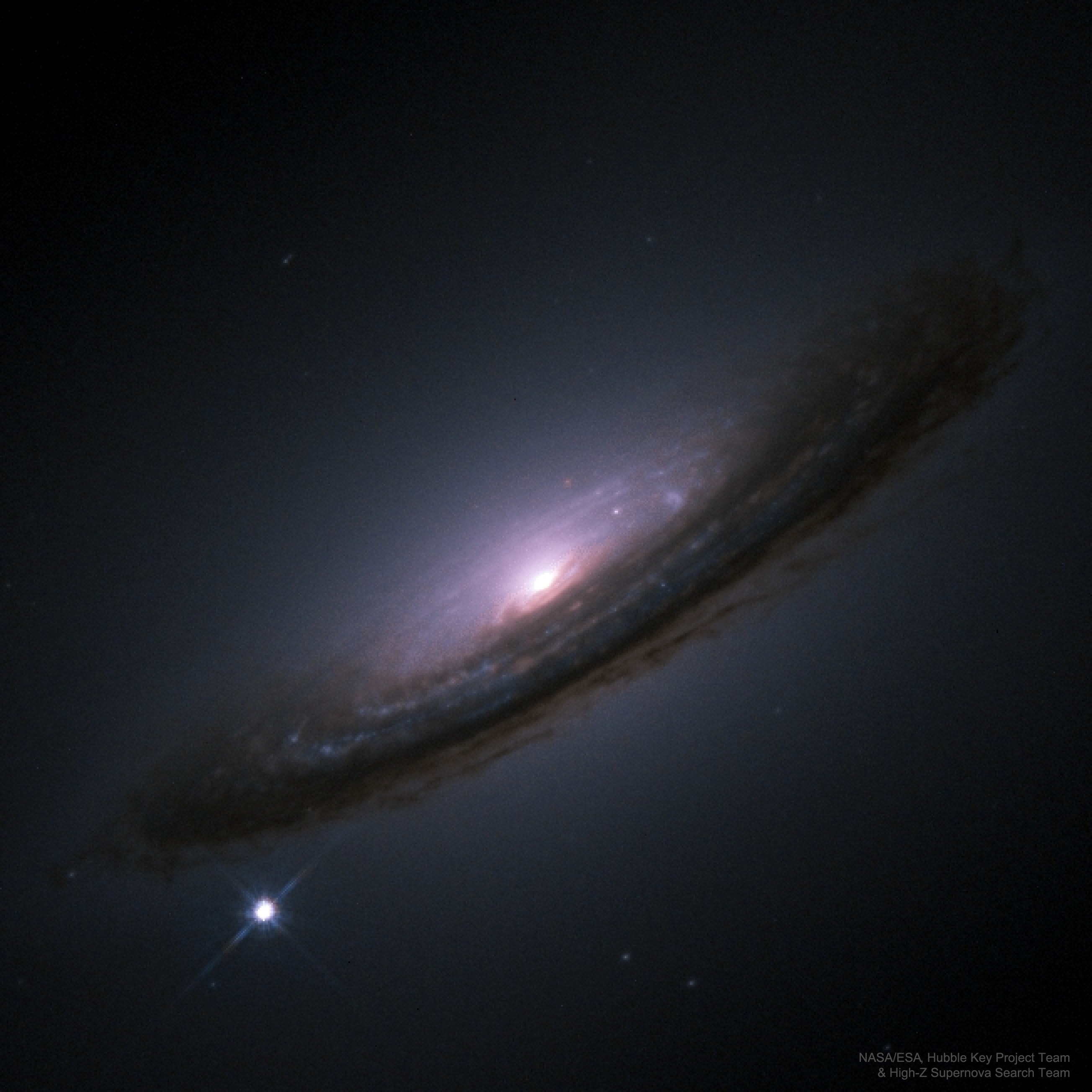 Twenty-one years ago results were first presented indicating that most of the energy in our universe is not in stars or galaxies but is tied to space itself.  In the language of cosmologists, a large cosmological constant -- dark energy -- was directly implied by new distant supernova observations.  Suggestions of a cosmological constant were not new -- they have existed since the advent of modern relativistic cosmology. Such claims were not usually popular with astronomers, though, because dark energy was so unlike known universe components, because dark energy's abundance appeared limited by other observations, and because less-strange cosmologies without a significant amount of dark energy had previously done well in explaining the data. What was exceptional here was the seemingly direct and reliable method of the observations and the good reputations of the scientists conducting the investigations. Over the two decades, independent teams of astronomers have continued to accumulate data that appears to confirm the existence of dark energy and the unsettling result of a presently accelerating universe. In 2011, the team leaders were awarded the Nobel Prize in Physics for their work.  The featured picture of a supernova that occurred in 1994 on the outskirts of a spiral galaxy was taken by one of these collaborations.    News: APOD is now available via Facebook in Hindi.