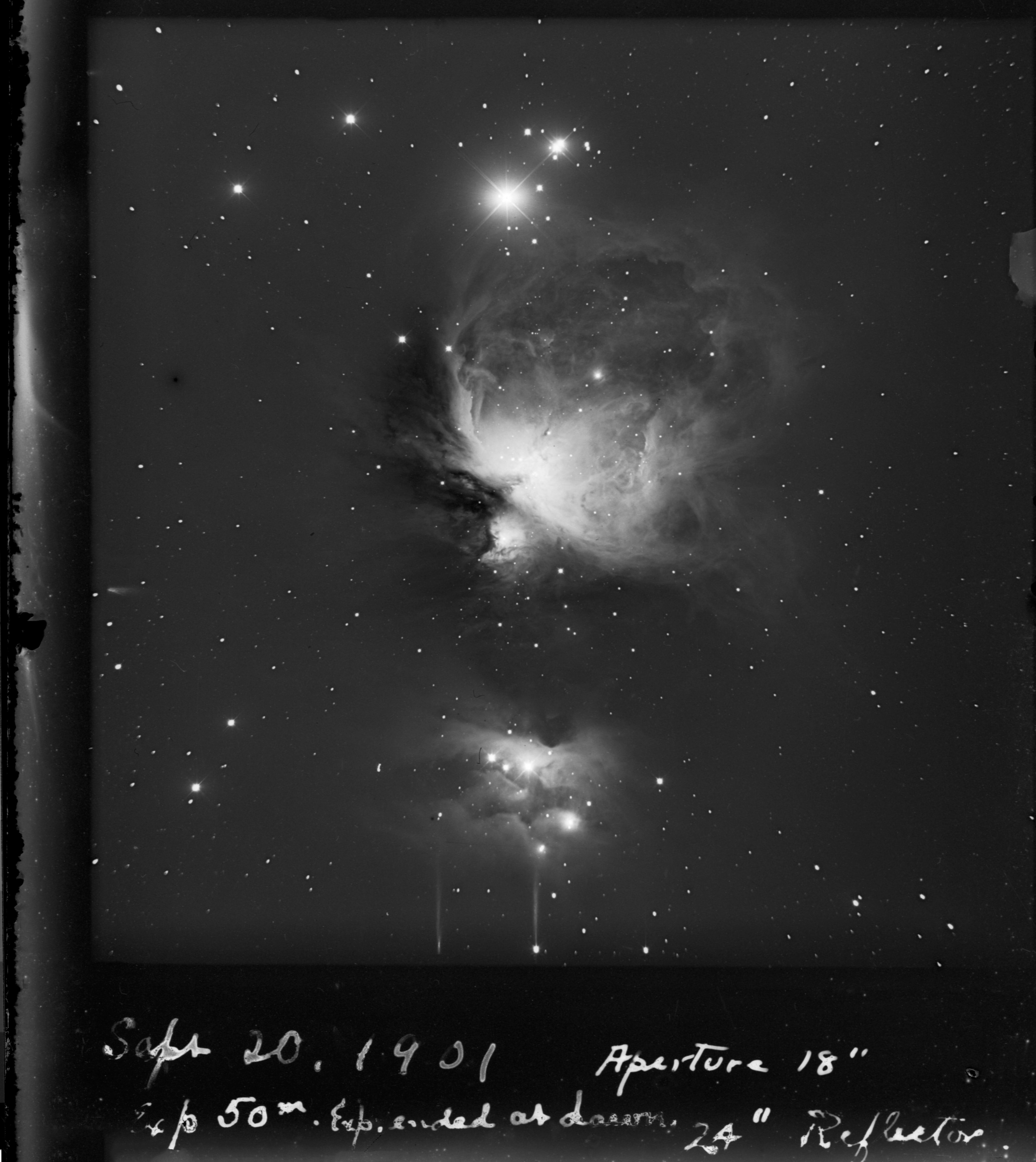 By the turn of the 20th century advances in photography contributed an important tool for astronomers. Improving photographic materials, long exposures, and new telescope designs produced astronomical images with details not visible at the telescopic eyepiece alone. Remarkably recognizable to astrophotographers today, this stunning image of the star forming Orion Nebula was captured in 1901 by American astronomer and telescope designer George Ritchey. The original glass photographic plate, sensitive to green and blue wavelengths, has been digitized and light-to-dark inverted to produce a positive image. His hand written notes indicate a 50 minute long exposure that ended at dawn and a reflecting telescope aperture of 24 inches masked to 18 inches to improve the sharpness of the recorded image. Ritchey's plates from over a hundred years ago preserve astronomical data and can still be used for exploring astrophysical processes.