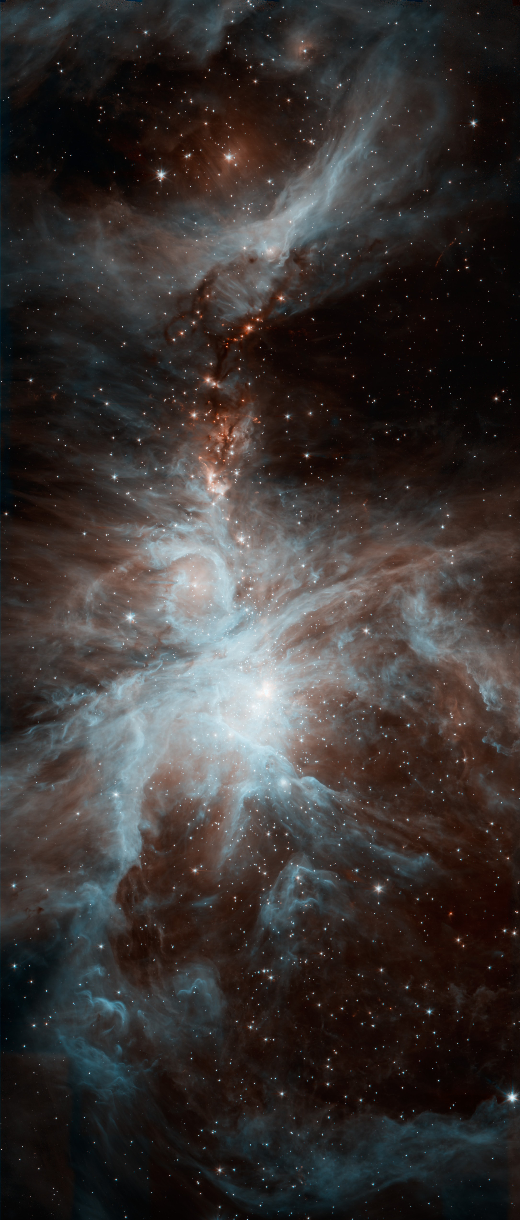 Few cosmic vistas excite the imagination like the Orion Nebula, an immense stellar nursery some 1,500 light-years away. Spanning about 40 light-years across the region, this infrared image from the Spitzer Space Telescope was constructed from data intended to monitor the brightness of the nebula's young stars, many still surrounded by dusty, planet-forming disks. Orion's young stars are only about 1 million years old, compared to the Sun's age of 4.6 billion years. The region's hottest stars are found in the Trapezium Cluster, the brightest cluster near picture center. Launched into orbit around the Sun on August 25, 2003 Spitzer's liquid helium coolant ran out in May 2009. The infrared space telescope continues to operate though, its mission scheduled to end on January 30, 2020. Recorded in 2010, this false color view is from two channels that still remain sensitive to infrared light at Spitzer's warmer operating temperatures.