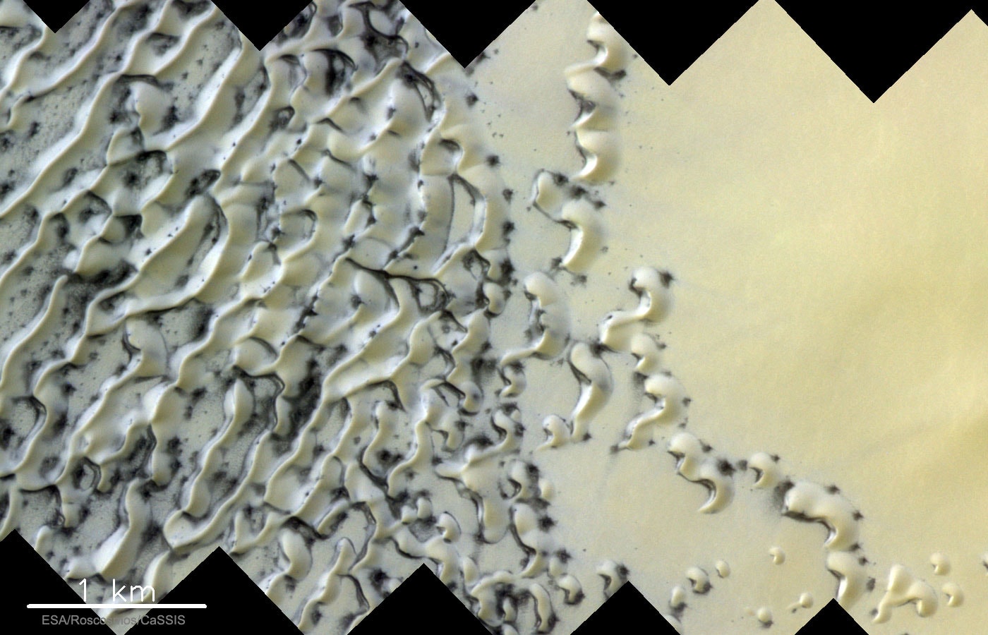 What are these strange shapes on Mars?  Defrosting sand dunes. As Spring dawned on the Northern Hemisphere of Mars, dunes of sand near the pole, as pictured here in late May by ESA's ExoMars Trace Gas Orbiter, began to thaw.  The carbon dioxide and water ice actually sublime in the thin atmosphere directly to gas.  Thinner regions of ice typically defrost first revealing sand whose darkness soaks in sunlight and accelerates the thaw.  The process might even involve sandy jets exploding through the thinning ice.  By Summer, spots will expand to encompass the entire dunes.  The Martian North Pole is ringed by many similar fields of barchan sand dunes, whose strange, smooth arcs are shaped by persistent Martian winds.   Create a Distant Legacy: Send your name to Mars.