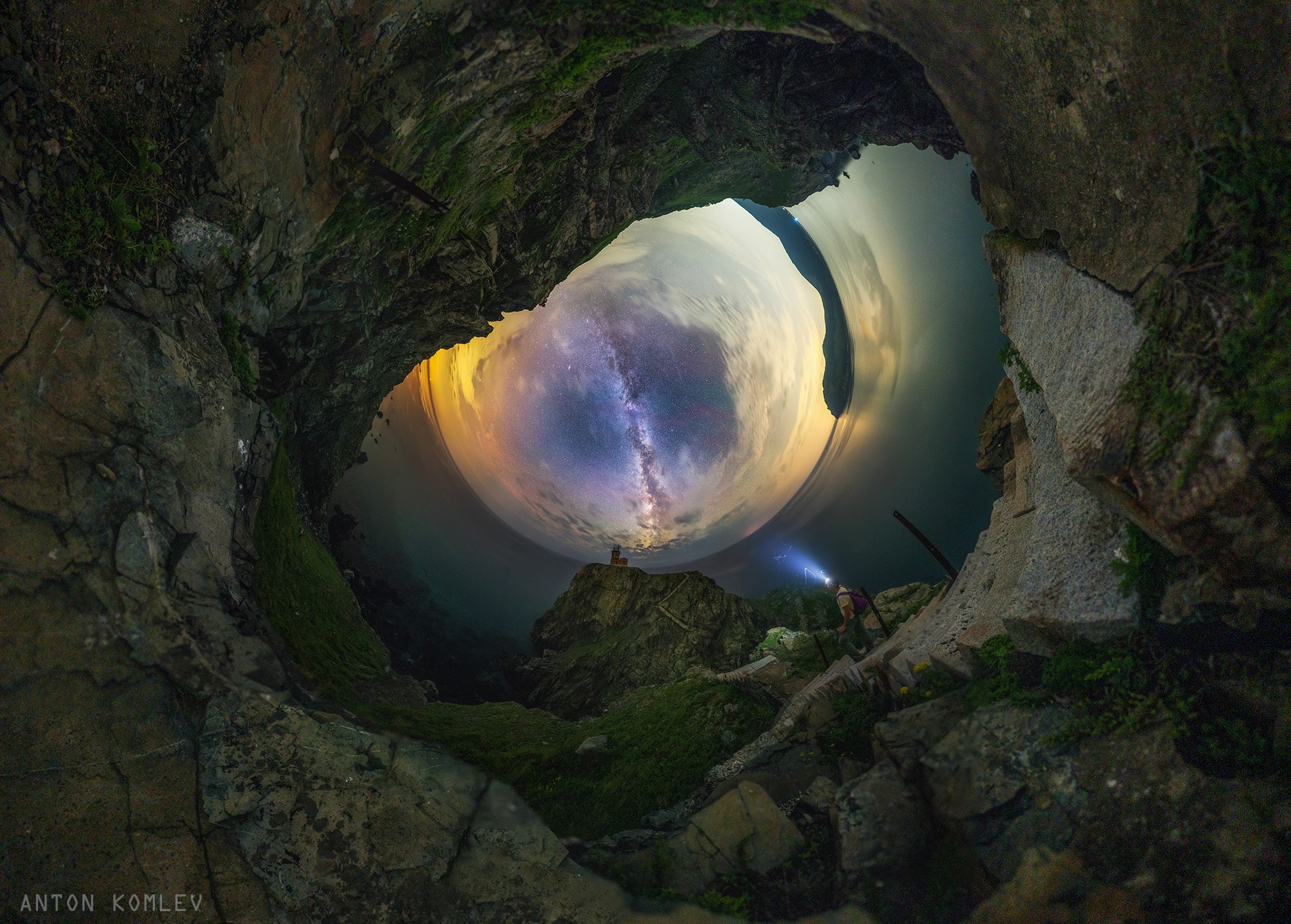 What do you see when you look into this sky? In the center, in the dark, do you see a night sky filled with stars? Do you see a sunset to the left? Clouds all around? Do you see the central band of our Milky Way Galaxy running down the middle? Do you see the ruins of an abandoned outpost on a hill? (The outpost is on Askold Island, Russia.)  Do you see a photographer with a headlamp contemplating surreal surroundings? (The image is a panorama of 38 images taken last month and compiled into a Little Planet projection.)  Do you see a rugged path lined with steps? Or do you see the eye of a dragon?