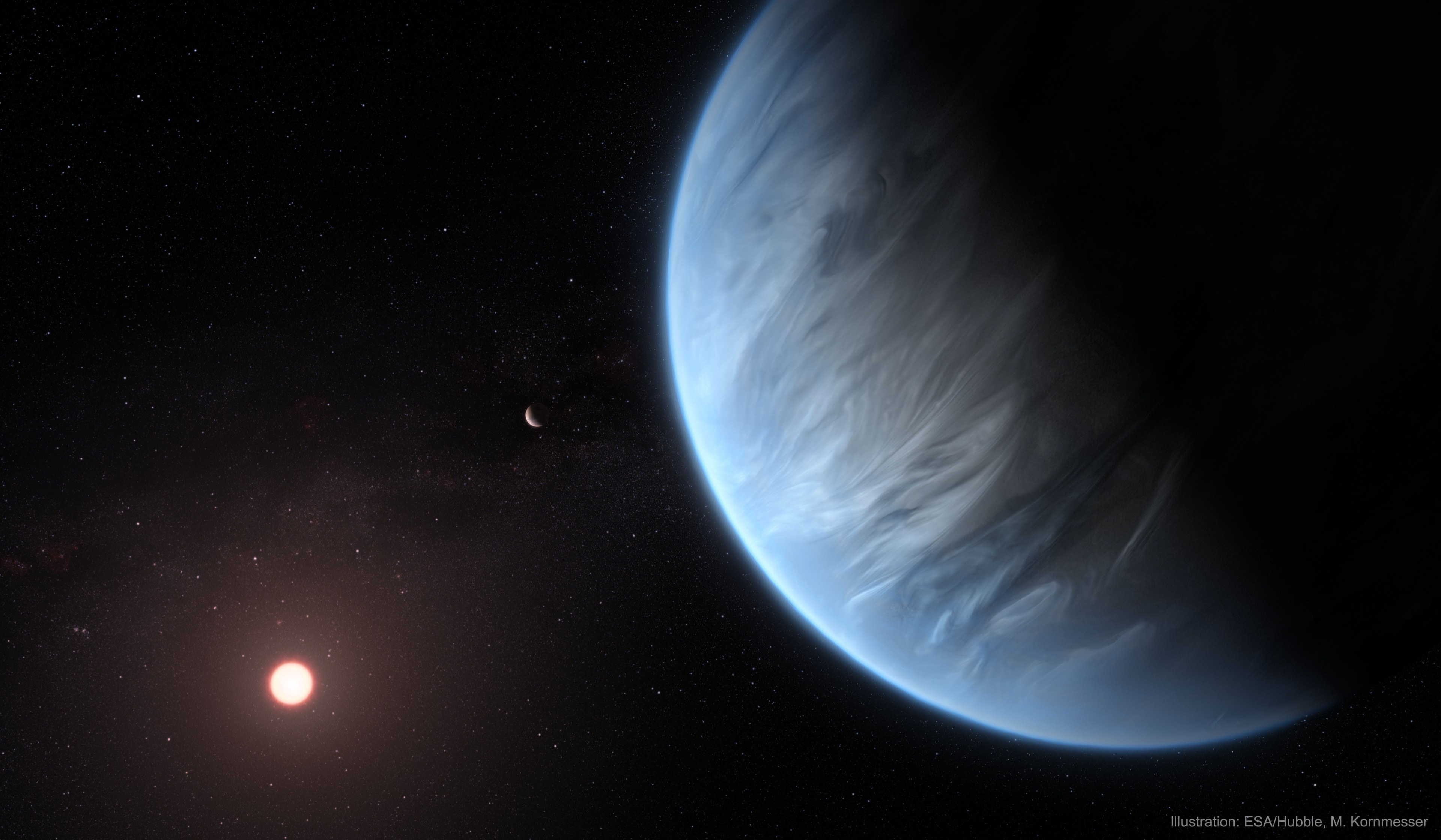 Where else might life exist?  One of humanity's great outstanding questions, locating planets where extrasolar life might survive took a step forward recently with the discovery of a significant amount of water vapor in the atmosphere of distant exoplanet K2-18b. The planet and it parent star, K2-18, lie about 124 light years away toward the constellation of the Lion (Leo). The exoplanet is significantly larger and more massive than our Earth, but orbits in the habitable zone of its home star. K2-18, although more red than our Sun, shines in K2-18b's sky with a brightness similar to the Sun in Earth's sky.  The discovery was made in data from three space telescopes: Hubble, Spitzer, and Kepler, by noting the absorption of water-vapor colors when the planet moved in front of the star.  The featured illustration imagines exoplanet K2-18b on the right, its parent red dwarf star K2-18 on the left, and an unconfirmed sister planet between them.