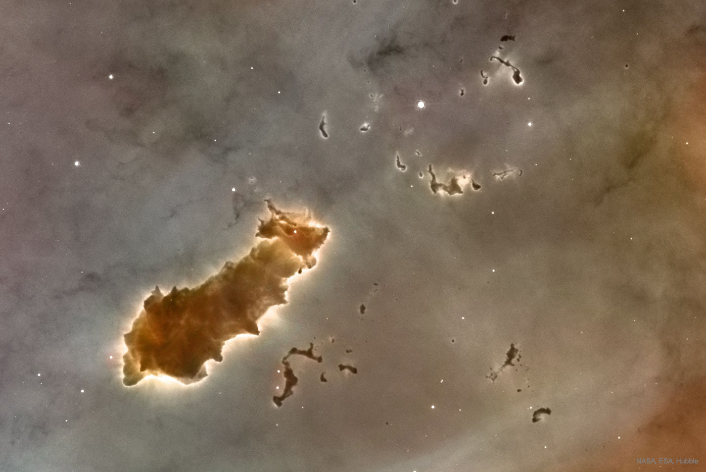They are not alive -- but they are dying. The unusual forms found in the Carina nebula, a few of which are featured here, might best be described as evaporating. Energetic light and winds from nearby stars are breaking apart the dark dust grains that make the iconic forms opaque. Ironically the figures, otherwise known as dark molecular clouds or bright rimmed globules, frequently create in their midst the very stars that later destroy them.  The floating space structures pictured here by the orbiting Hubble Space Telescope span a few light months. The Great Nebula in Carina itself spans about 30 light years, lies about 7,500 light years away, and can be seen with a small telescope toward the constellation of Keel(Carina).