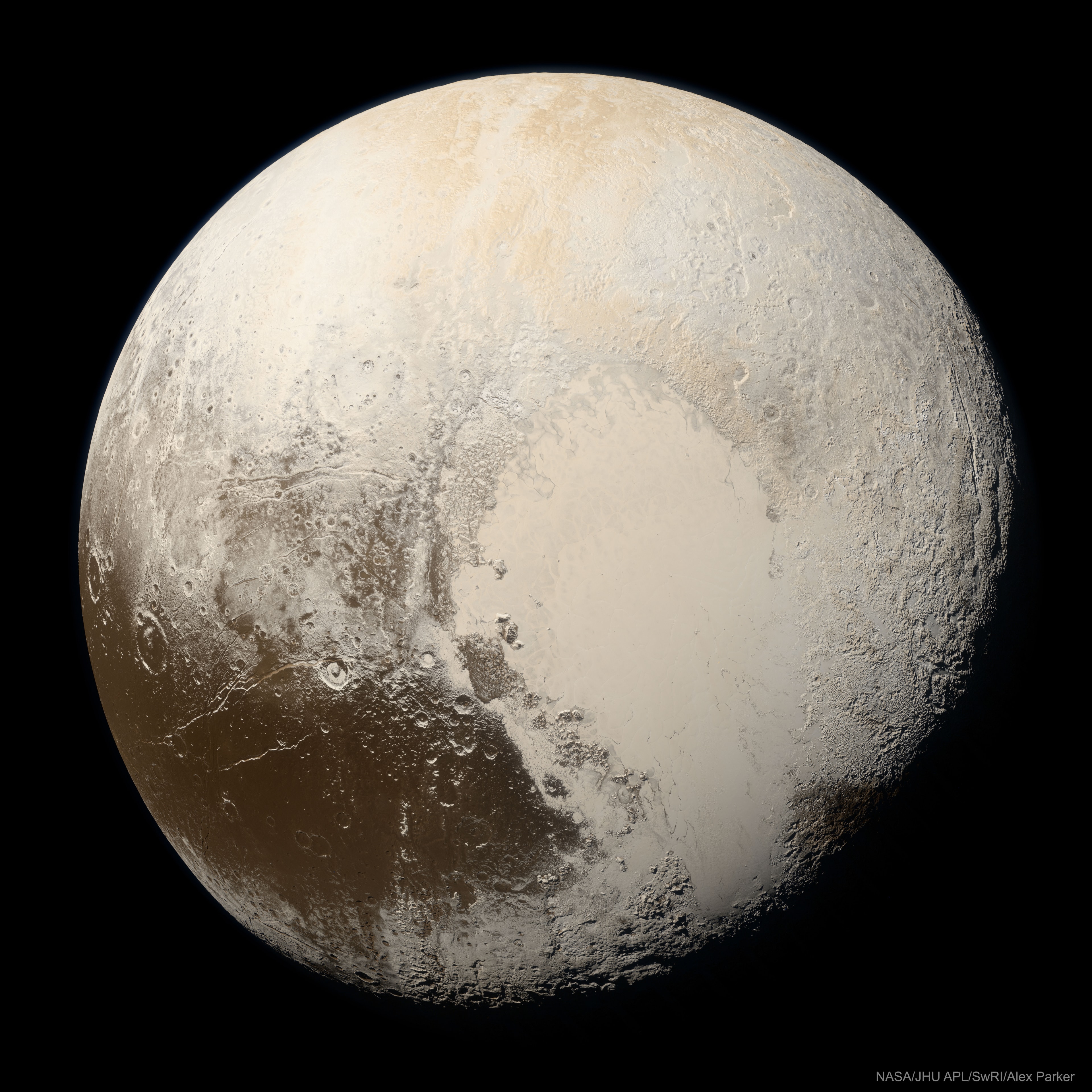 What color is Pluto, really? It took some effort to figure out.  Even given all of the images sent back to Earth when the robotic New Horizons spacecraft sped past Pluto in 2015, processing these multi-spectral frames to approximate what the human eye would see was challenging. The result featured here, released three years after the raw data was acquired by New Horizons, is the highest resolution true color image of Pluto ever taken. Visible in the image is the light-colored, heart-shaped, Tombaugh Regio, with the unexpectedly smooth Sputnik Planitia, made of frozen nitrogen, filling its western lobe. New Horizons found the dwarf-planet to have a surprisingly complex surface composed of many regions having perceptibly different hues.  In total, though, Pluto is mostly brown, with much of its muted color originating from small amounts of surface methane energized by ultraviolet light from the Sun.