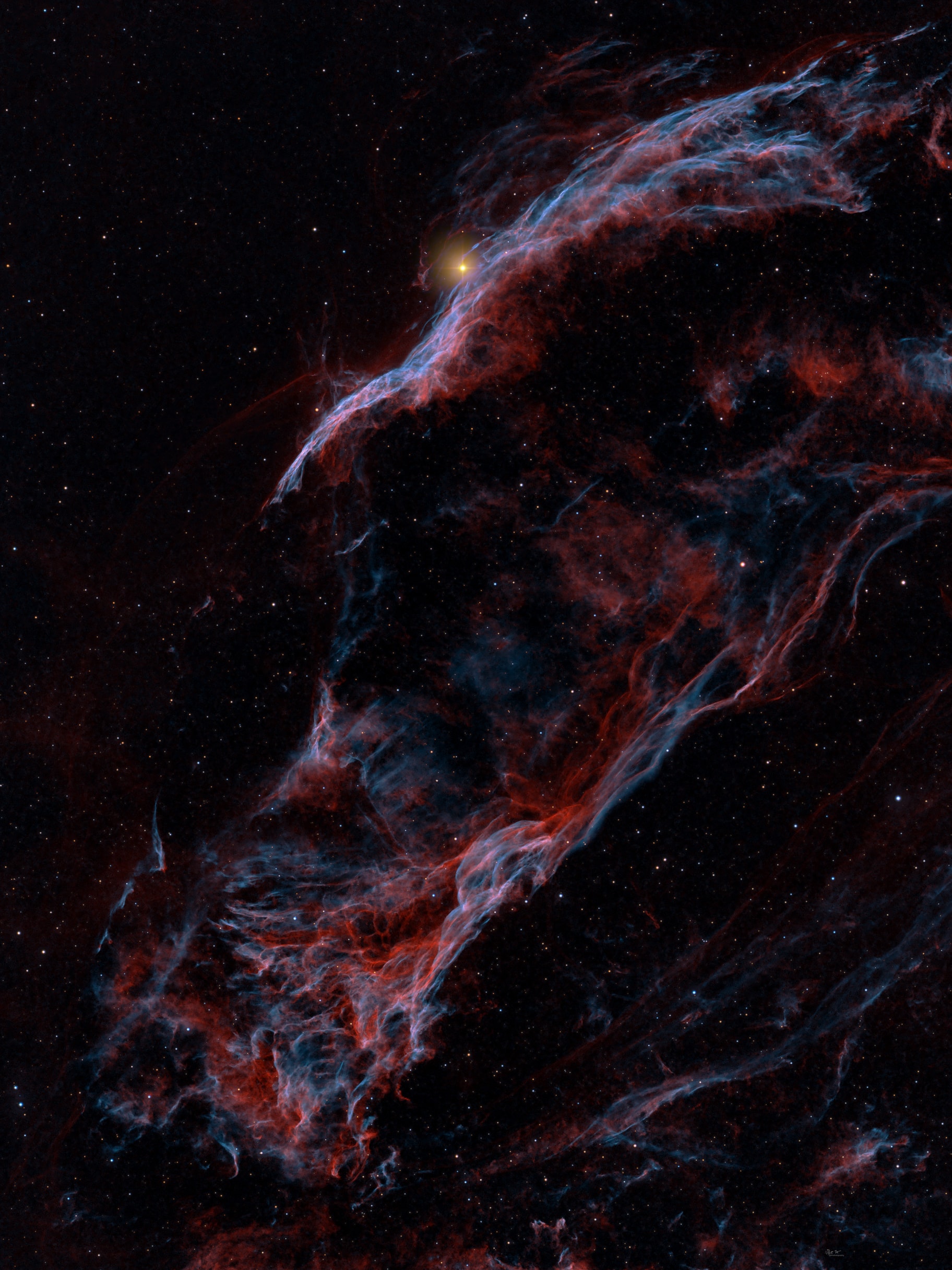 Delicate in appearance, these filaments of shocked, glowing gas, are draped across planet Earth's sky toward the constellation of Cygnus. They form the western part of the Veil Nebula. The Veil Nebula itself is a large supernova remnant, an expanding cloud born of the death explosion of a massive star. Light from the original supernova explosion likely reached Earth over 5,000 years ago. Blasted out in the cataclysmic event, the interstellar shock wave plows through space sweeping up and exciting interstellar material.  The glowing filaments are really more like long ripples in a sheet seen almost edge on, remarkably well separated into atomic hydrogen (red) and oxygen (blue-green) gas. Also known as the Cygnus Loop, the Veil Nebula now spans nearly 3 degrees or about 6 times the diameter of the full Moon. While that translates to over 70 light-years at its estimated distance of 1,500 light-years, this telescopic image of the western portion spans about half that distance. Brighter parts of the western Veil are recognized as separate nebulae, including The Witch's Broom (NGC 6960) along the top of this view and Pickering's Triangle (NGC 6979) below and left.