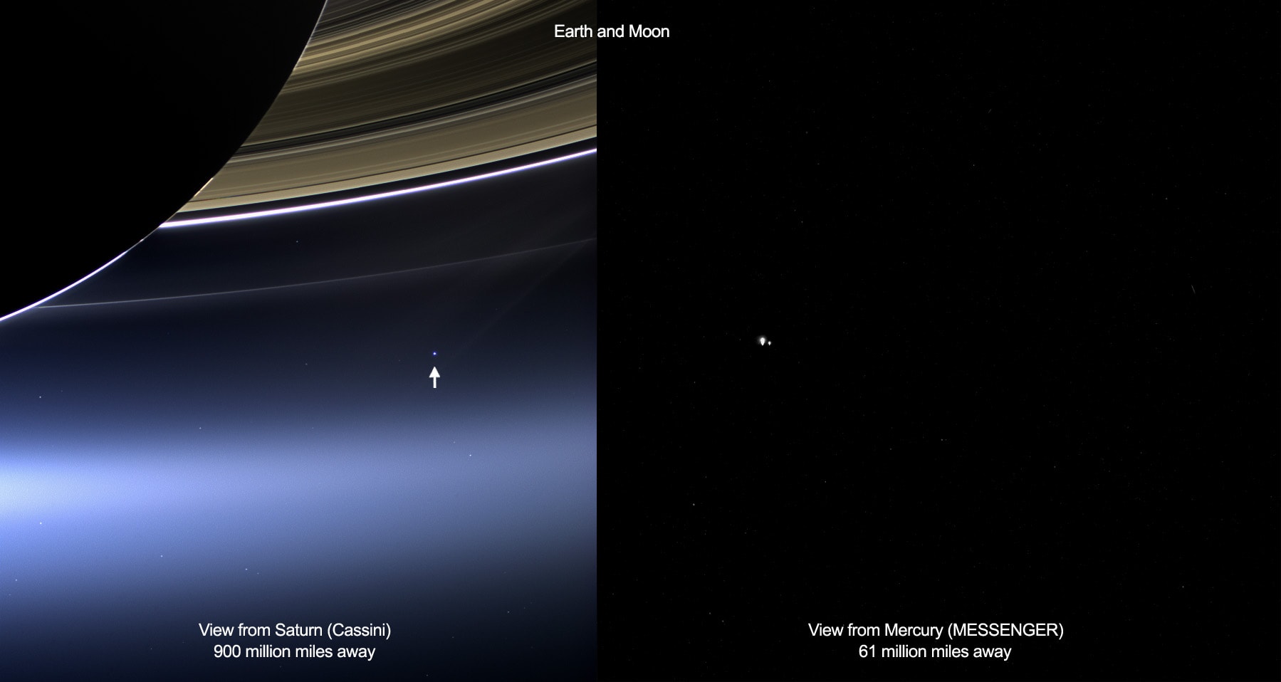 In an interplanetary first, on July 19, 2013 Earth was photographed on the same day from two other worlds of the Solar System, innermost planet Mercury and ringed gas giant Saturn. Pictured on the left, Earth is the pale blue dot just below the rings of Saturn, as captured by the robotic Cassini spacecraft then orbiting the outermost gas giant. On that same day people across planet Earth snapped many of their own pictures of Saturn. On the right, the Earth-Moon system is seen against the dark background of space as captured by the robotic MESSENGER spacecraft, then in Mercury orbit. MESSENGER took its image as part of a search for small natural satellites of Mercury, moons that would be expected to be quite dim. In the MESSENGER image, the Earth (left) and Moon (right) are overexposed and shine brightly with reflected sunlight. Destined not to return to their home world, both Cassini and MESSENGER have since retired from their missions of Solar System exploration.