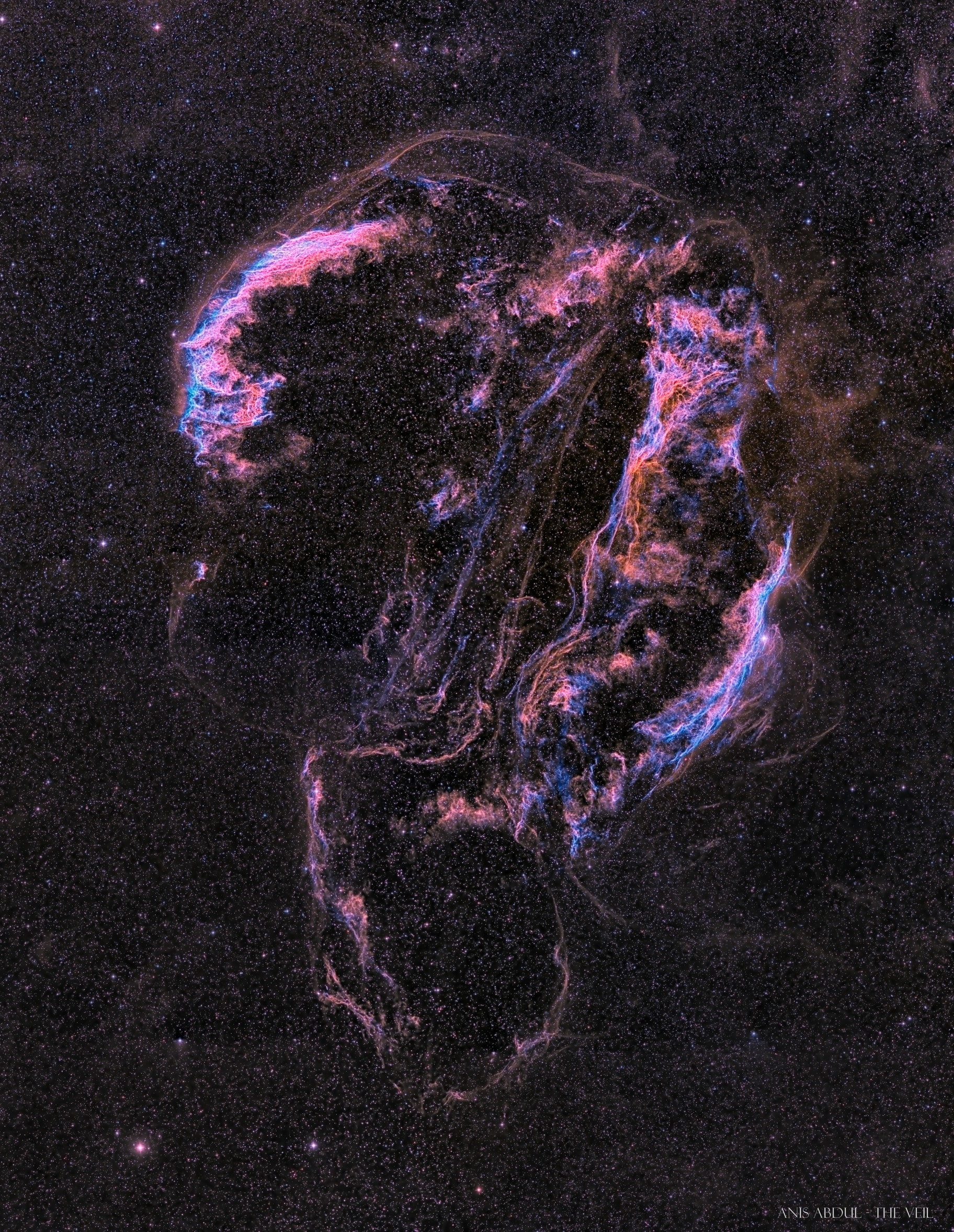 A ghostly visage on a cosmic scale, these remains of shocked, glowing gas haunt planet Earth's sky toward the constellation of Cygnus and form the Veil Nebula. The nebula itself is a large supernova remnant, an expanding cloud born of the death explosion of a massive star. Light from the original supernova explosion likely reached Earth over 5,000 years ago. Also known as the Cygnus Loop, the Veil Nebula now spans nearly 3 degrees or about 6 times the diameter of the full Moon. That translates to over 70 light-years at its estimated distance of 1,500 light-years. In fact, the Veil is so large its brighter parts are recognized as separate nebulae, including The Witch's Broom (NGC 6960) below and right of center. At the top left you can find the Spectre of IC 1340. Happy Halloween!