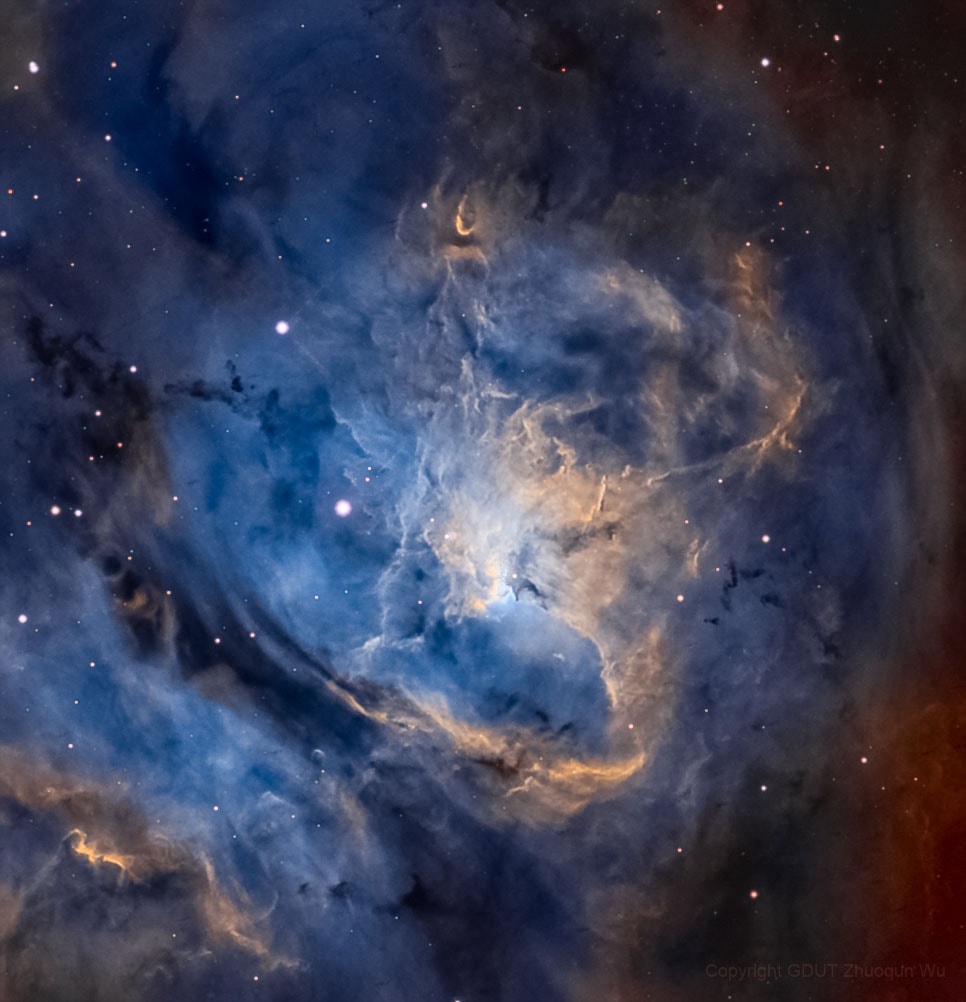 Stars are battling gas and dust in the Lagoon Nebula but the photographers are winning. Also known as M8, this photogenic nebula is visible even without binoculars towards the constellation of the Archer (Sagittarius). The energetic processes of star formation create not only the colors but the chaos. The glowing gas results from high-energy starlight striking interstellar hydrogen gas and trace amounts of sulfur, and oxygen gases. The dark dust filaments that lace M8 were created in the atmospheres of cool giant stars and in the debris from supernovae explosions. The light from M8 we see today left about 5,000 years ago. Light takes about 50 years to cross this section of M8.