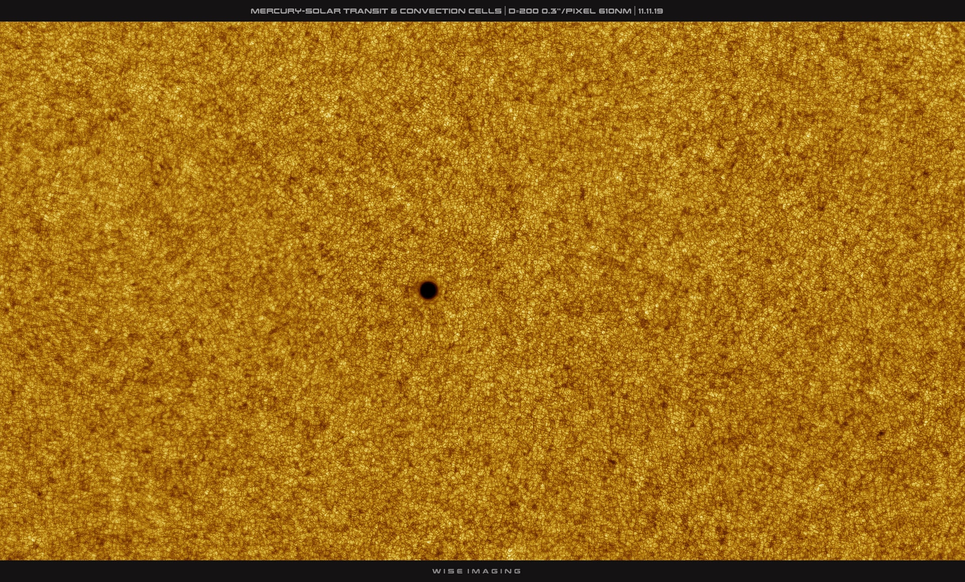The small, dark, round spot in this solar close up is planet Mercury. In the high resolution telescopic image, a colorized stack of 61 sharp video frames, a turbulent array of photospheric convection cells tile the bright solar surface.  Mercury's more regular silhouette still stands out though. Of course, only inner planets Mercury and Venus can transit the Sun to appear in silhouette when viewed from planet Earth. For this November 11, 2019 transit of Mercury, the innermost planet's silhouette was a mere 1/200th the solar diameter. So even under clear daytime skies it was difficult to see without the aid of a safe solar telescope. Following its transit in 2016, this was Mercury's 4th of 14 transits across the solar disk in the 21st century. The next transit of Mercury will be on November 13, 2032.