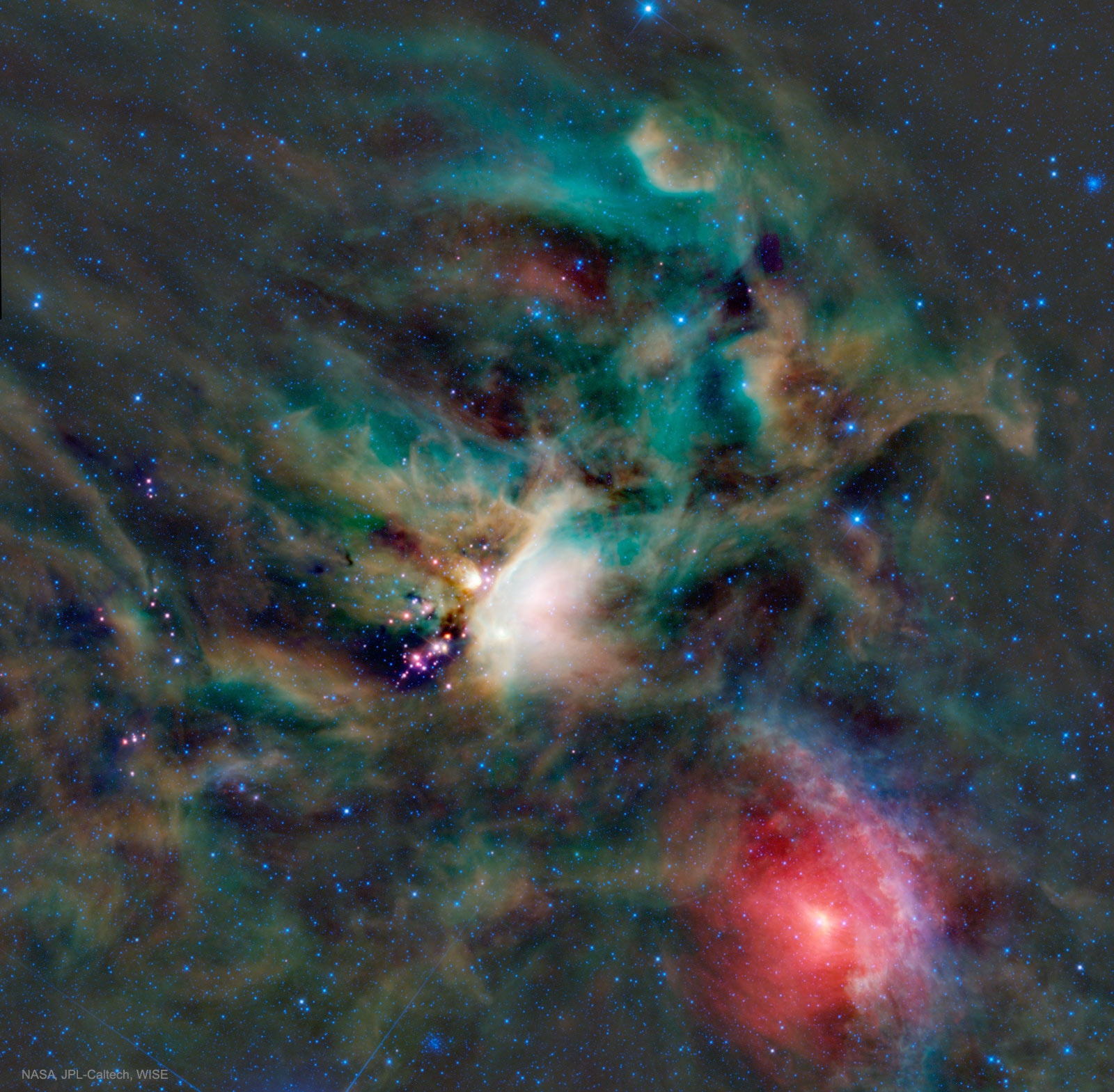 How do stars form? To help find out, astronomers created this tantalizing false-color composition of dust clouds and embedded newborn stars in infrared wavelengths with WISE, the Wide-field Infrared Survey Explorer. The cosmic canvas features one of the closest star forming regions, part of the Rho Ophiuchi cloud complex some 400 light-years distant near the southern edge of the pronounceable constellation Ophiuchus. After forming along a large cloud of cold molecular hydrogen gas, young stars heat the surrounding dust to produce the infrared glow. Stars in the process of formation, called young stellar objects or YSOs, are embedded in the compact pinkish nebulae seen here, but are otherwise hidden from the prying eyes of optical telescopes. An exploration of the region in penetrating infrared light has detected emerging and newly formed stars whose average age is estimated to be a mere 300,000 years. That's extremely young compared to the Sun's age of 5 billion years. The prominent reddish nebula at the lower right surrounding the star Sigma Scorpii is a reflection nebula produced by dust scattering starlight. This view from WISE, released in 2012, spans almost 2 degrees and covers about 14 light-years at the estimated distance of the Rho Ophiuchi cloud.