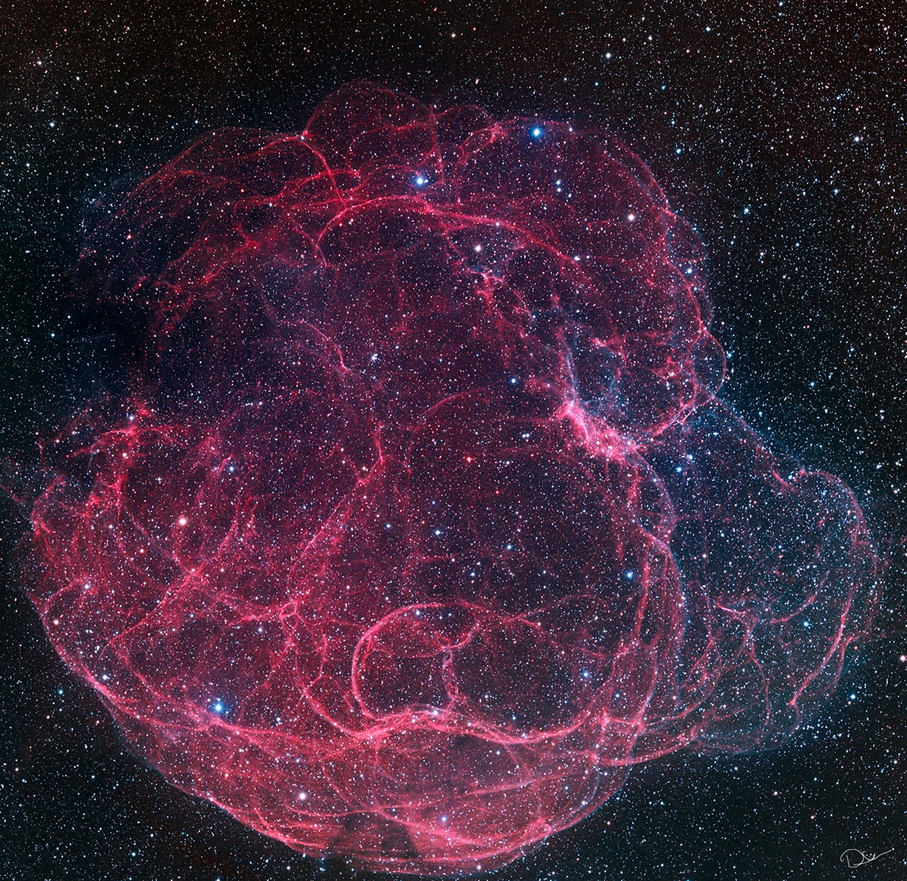 It's easy to get lost following the intricate looping filaments in this detailed image of supernova remnant Simeis 147. Also cataloged as Sharpless 2-240 it goes by the popular nickname, the Spaghetti Nebula. Seen toward the boundary of the constellations Taurus and Auriga, it covers nearly 3 degrees or 6 full moons on the sky. That's about 150 light-years at the stellar debris cloud's estimated distance of 3,000 light-years. This composite includes image data taken through narrow-band filters where reddish emission from ionized hydrogen atoms and doubly ionized oxygen atoms in faint blue-green hues trace the shocked, glowing gas. The supernova remnant has an estimated age of about 40,000 years, meaning light from the massive stellar explosion first reached Earth 40,000 years ago. But the expanding remnant is not the only aftermath. The cosmic catastrophe also left behind a spinning neutron star or pulsar, all that remains of the original star's core.