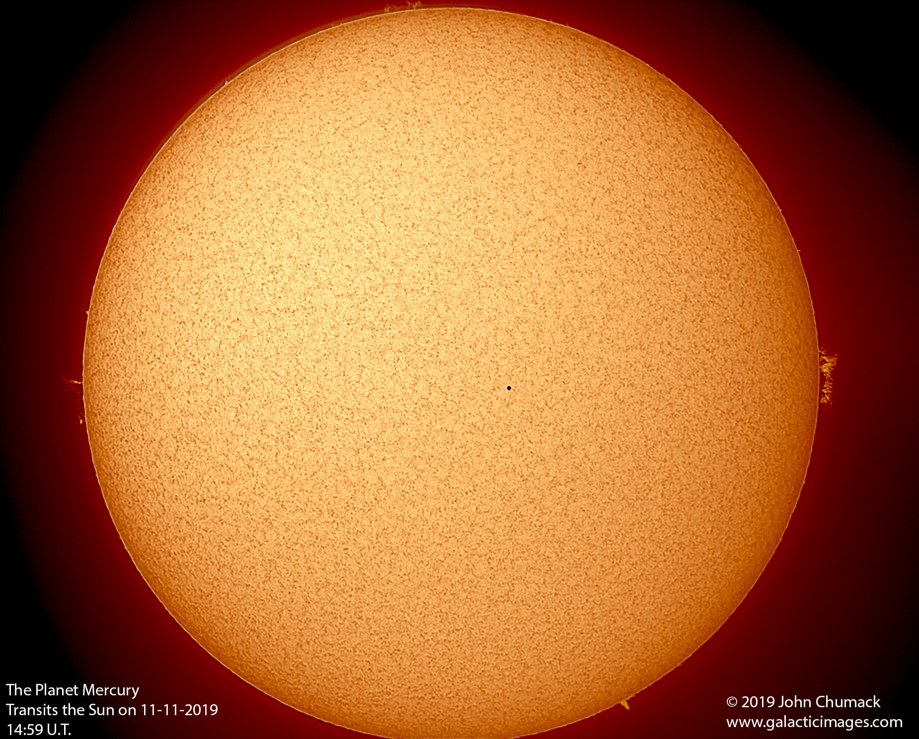 On November 11, 2019 the Sun was mostly quiet, experiencing a minimum in its 11 year cycle of activity. In fact, the only spot visible was actually planet Mercury, making a leisurely 5 1/2 hour transit in front of the calm solar disk. About 1/200th the apparent diameter of the Sun, the silhouette of the solar system's inner most planet is near center in this sharp, full Sun snapshot. Taken with a hydrogen alpha filter and safe solar telescope, the image also captures prominences around the solar limb, the glowing plasma trapped in arcing magnetic fields. Of course, only inner planets Mercury and Venus can transit the Sun to appear in silhouette when viewed from planet Earth. Following its transit in 2016, this was Mercury's 4th of 14 transits across the solar disk in the 21st century. The next transit of Mercury will be on November 13, 2032.