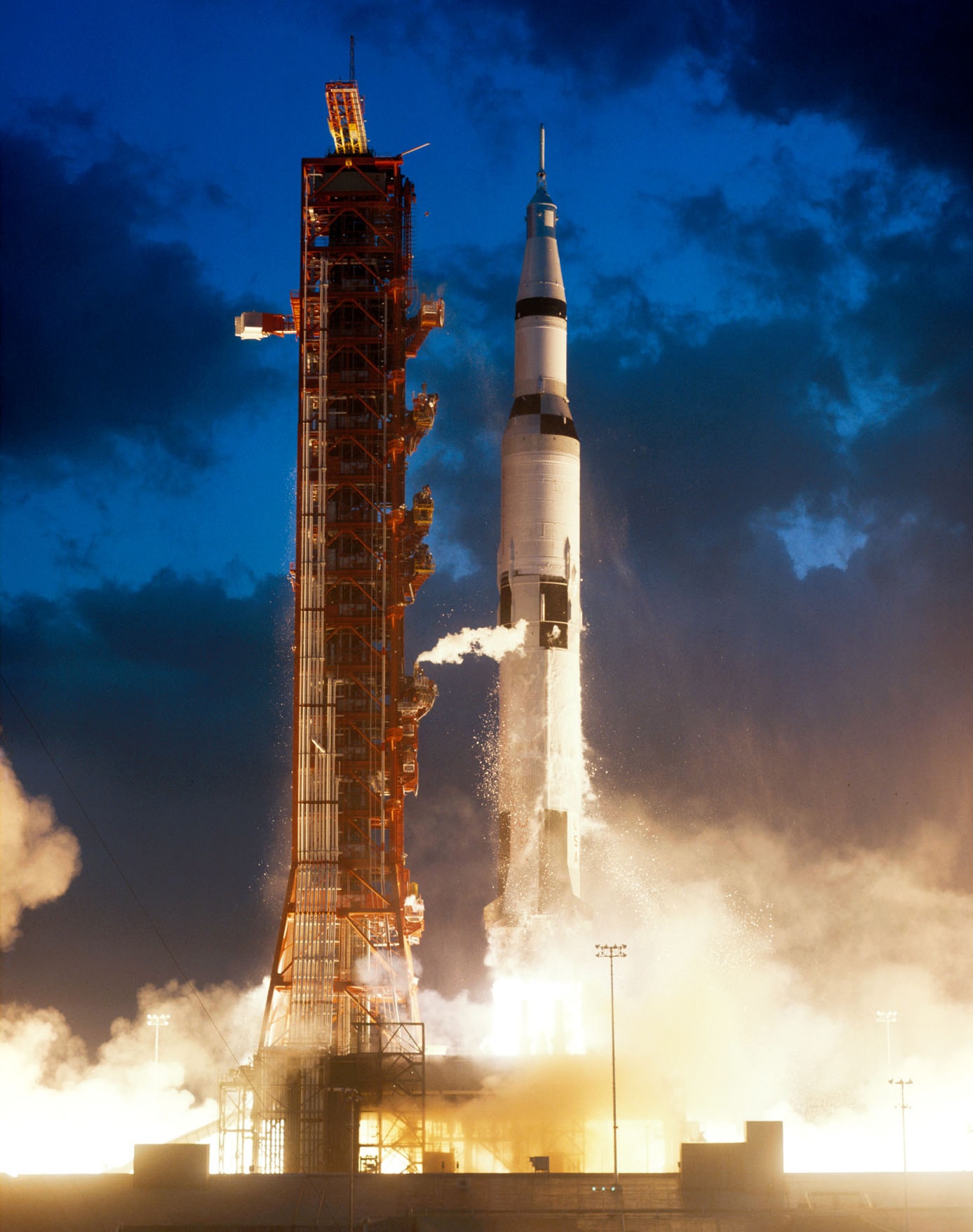 On May 25, 1961 U.S. president John Kennedy announced the goal of landing astronauts on the Moon by the end of the decade. By November 9, 1967 this Saturn V rocket was ready for launch and the first full test of its capabilities on the Apollo 4 mission. Its development directed by rocket pioneer Wernher Von Braun, the three stage Saturn V stood over 36 stories tall. It had a cluster of five first stage engines fueled by liquid oxygen and kerosene which together were capable of producing 7.9 million pounds of thrust. Giant Saturn V rockets ultimately hurled nine Apollo missions to the Moon and back again with six landing on the lunar surface. The first landing mission, Apollo 11, achieved Kennedy's goal on July 20, 1969.  Watch: the November 11 Transit of Mercury from Earth or from Space.
