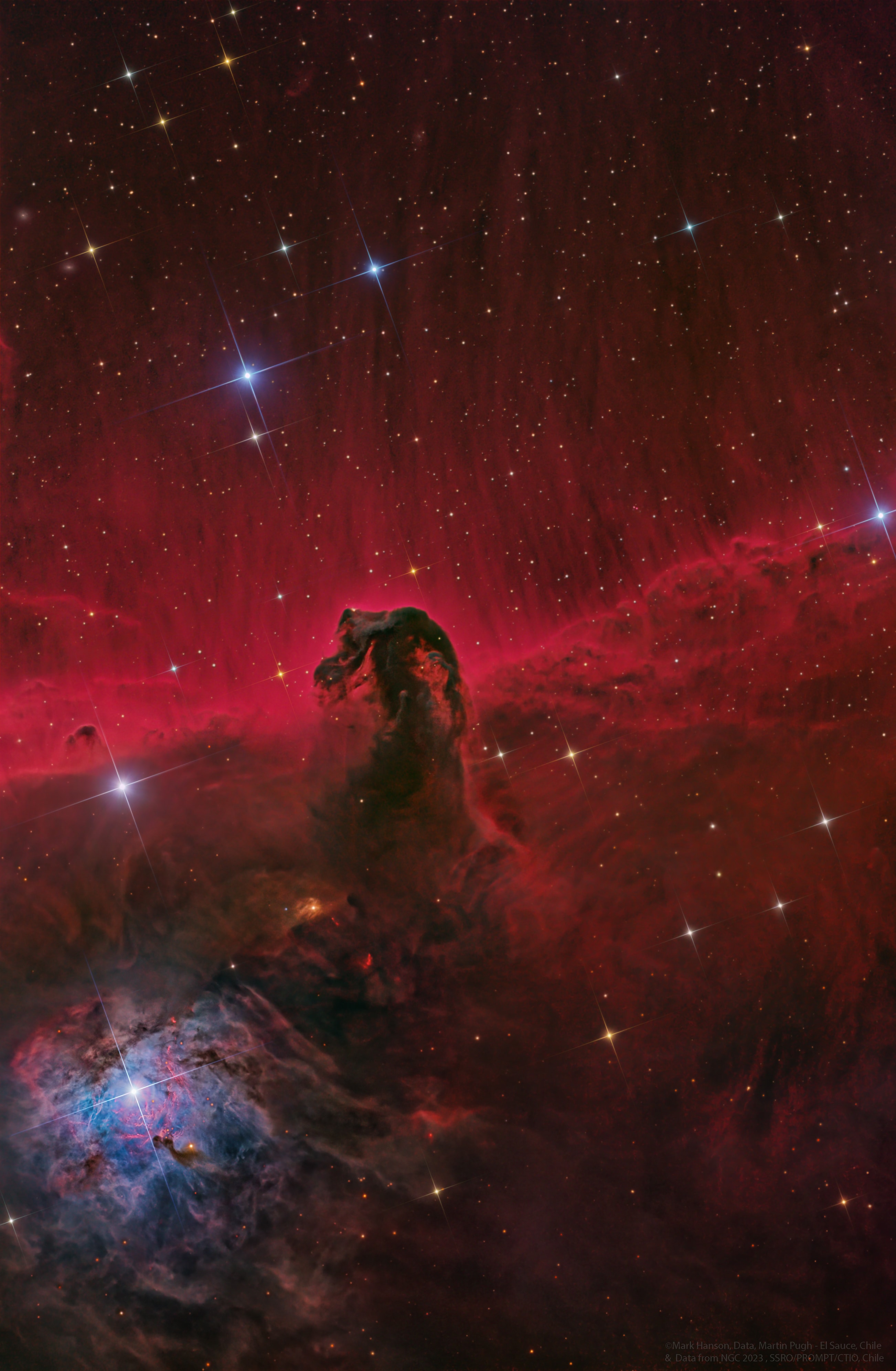 Sculpted by stellar winds and radiation, a magnificent interstellar dust cloud by chance has assumed this recognizable shape.  Fittingly named the Horsehead Nebula, it is some 1,500 light-years distant, embedded in the vast Orion cloud complex. About five light-years "tall", the dark cloud is cataloged as Barnard 33 and is visible only because its obscuring dust is silhouetted against the glowing red emission nebula IC 434.  Stars are forming within the dark cloud. Contrasting blue reflection nebula NGC 2023, surrounding a hot, young star, is at the lower left of the full image.  The featured gorgeous color image combines both narrowband and broadband images recorded using several different telescopes.