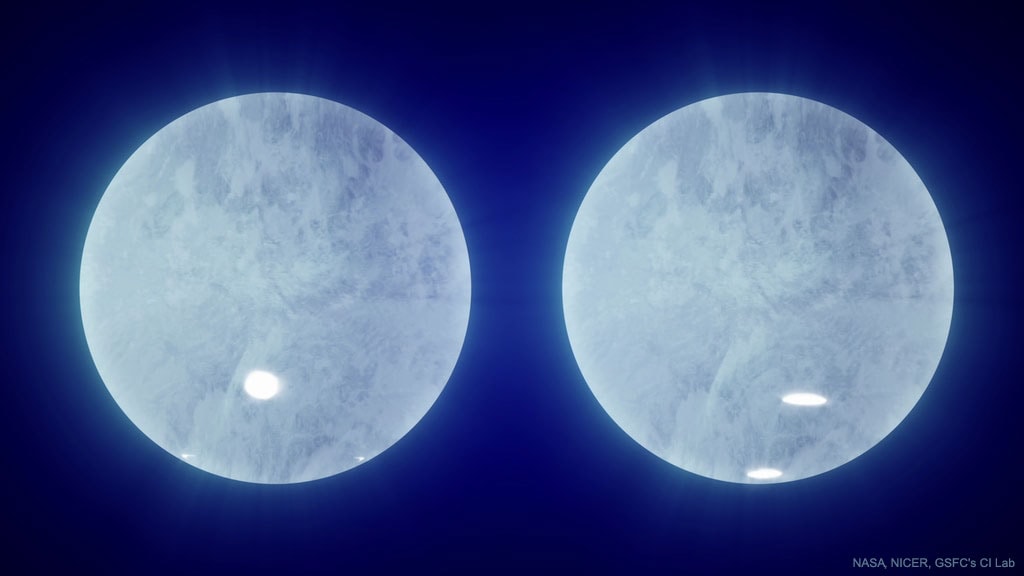 What do neutron stars look like? Previously these city-sized stars were too small and too far away to resolve. Recently, however, the first maps of the locations and sizes of hotspots on a neutron star's surface have been made by carefully modeling how the rapid spin makes the star's X-ray brightness rise and fall.  Based on a leading model, an illustrative map of pulsar J0030+0451's hotspots is pictured, with the rest of the star's surface filled in with a false patchy blue.  J0030 spins once every 0.0049 seconds and is located about 1000 light years away. The map was computed from data taken by NASA's Neutron star Interior Composition ExploreR (NICER) X-ray telescope attached to the International Space Station.  The computed locations of these hotspots is surprising and not well understood. Because the gravitational lensing effect of neutron stars is so strong, J0300 displays more than half of its surface toward the Earth.  Studying the appearance of pulsars like J0030 allows accurate estimates of the neutron star's mass, radius, and the internal physics that keeps the star from imploding into a black hole.