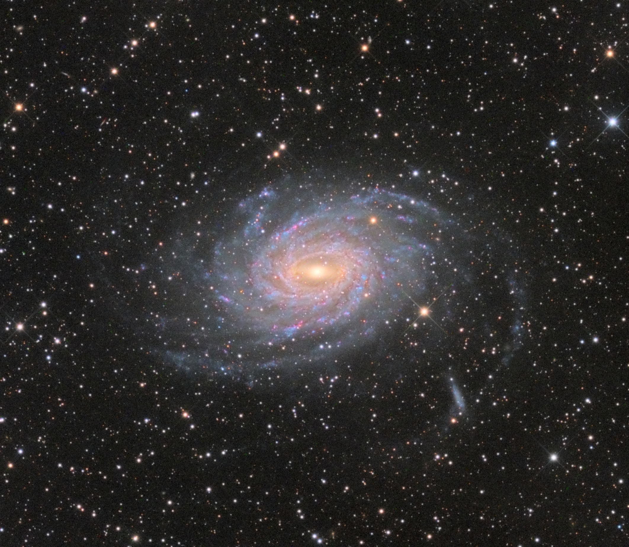 Beautiful spiral galaxy NGC 6744 is nearly 175,000 light-years across, larger than our own Milky Way. It lies some 30 million light-years distant in the southern constellation Pavo and appears as only a faint, extended object in small telescopes. We see the disk of the nearby island universe tilted towards our line of sight in this remarkably detailed galaxy portrait, a telescopic view that spans an area about the angular size of a full moon. In it, the giant galaxy's elongated yellowish core is dominated by the light from old, cool stars. Beyond the core, grand spiral arms are filled with young blue star clusters and speckled with pinkish star forming regions. An extended arm sweeps past a smaller satellite galaxy (NGC 6744A) at the lower right. NGC 6744's galactic companion is reminiscent of the Milky Way's satellite galaxy the Large Magellanic Cloud.