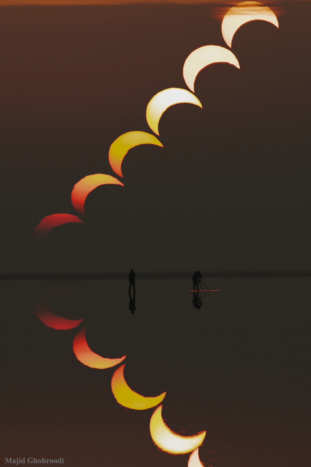 What's happened to the Sun?  Yesterday, if you were in the right place at the right time, you could see the Sun rise partially eclipsed by the Moon. The unusual sight was captured in dramatic fashion in the featured image not only directly, in a sequence of six images, but also in reflection from Soltan Salt Lake in Iran. The almost-white Sun appears dimmer and redder near the horizon primarily because Earth's atmosphere preferentially scatters away more blue light.  Yesterday's partial solar eclipse appeared in the sky over much of Asia and Australia, but those with a clear enough sky in a thin band across the Earth's surface were treated to a more complete annular solar eclipse -- where the Moon appears completely surrounded by the Sun in what is known as a ring of fire. The next annular solar eclipse will occur in 2020 June.   Notable Images Submitted to APOD: The Partial Solar Eclipse of 2019 December