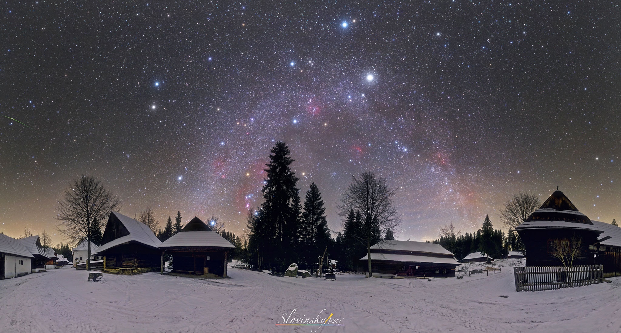 What stars shine in Earth's northern hemisphere during winter? The featured image highlights a number of bright stars visible earlier this month. The image is a 360-degree horizontal-composite panorama of 66 vertical frames taken consecutively with the same camera and from the same location at about 2:30 am. Famous stars visible in the picture include Castor & Pollux toward the southeast on the left, Sirius just over the horizon toward the south, Capella just over the arch of the Milky Way Galaxy toward the west, and Polaris toward the north on the right.  Captured by coincidence is a meteor on the far left.  In the foreground is the Museum of the Orava Village in Zuberec, Slovakia. This village recreates rural life in the region hundreds of years ago, while the image captures a timeless sky surely familar to village residents, a sky also shared with northern residents around the world.    Free Download: 2020 APOD Calendar