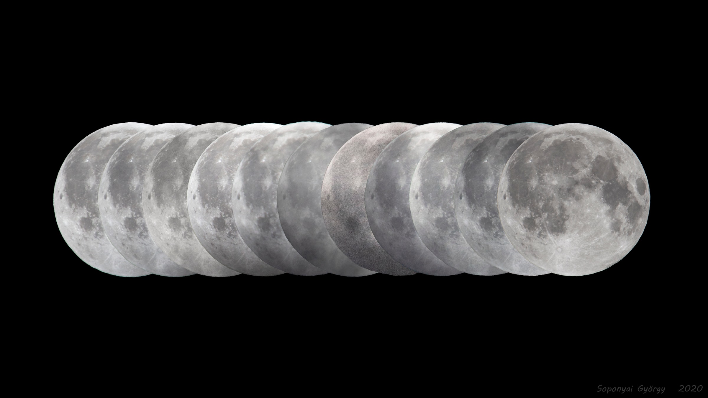 This composited series of images follows the Moon on January 10, the first Full Moon of 2020, in Hungarian skies. The lunar disk is in mid-eclipse at the center of the sequence though. It looks only slightly darker there as it passes through the light outer shadow or penumbra of planet Earth. In fact during this penumbral lunar eclipse the Moon almost crossed into the northern edge of Earth's dark central shadow or umbra. Subtle and hard to see, this penumbral lunar eclipse was the first of four lunar eclipses in 2020, all of which will be penumbral lunar eclipses.